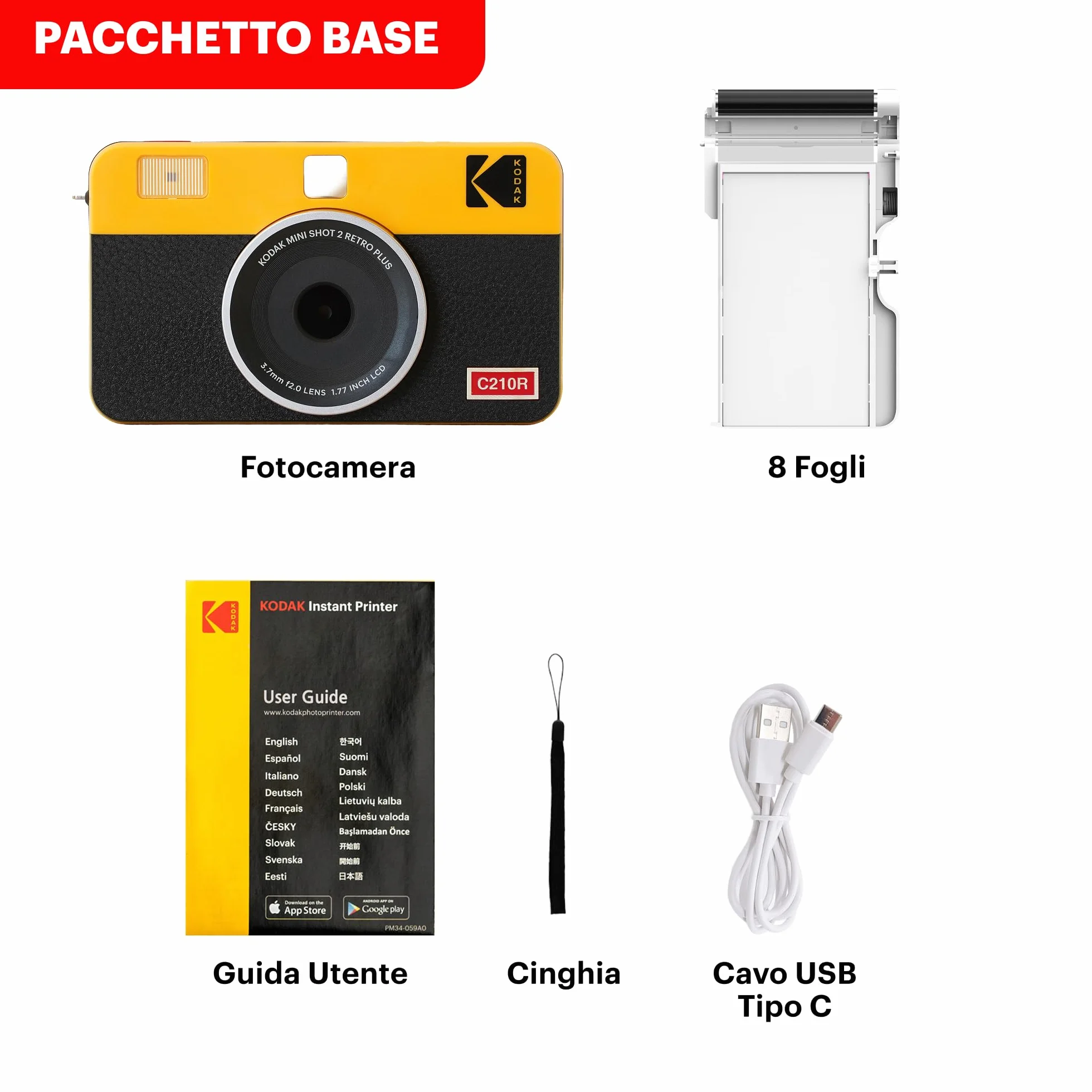 KODAK Mini Shot 2 Retro 4PASS 2-in-1 Fotocamera Istantanea & Stampante Fotografica (5.3x8.6cm) + 8 Fogli, Giallo