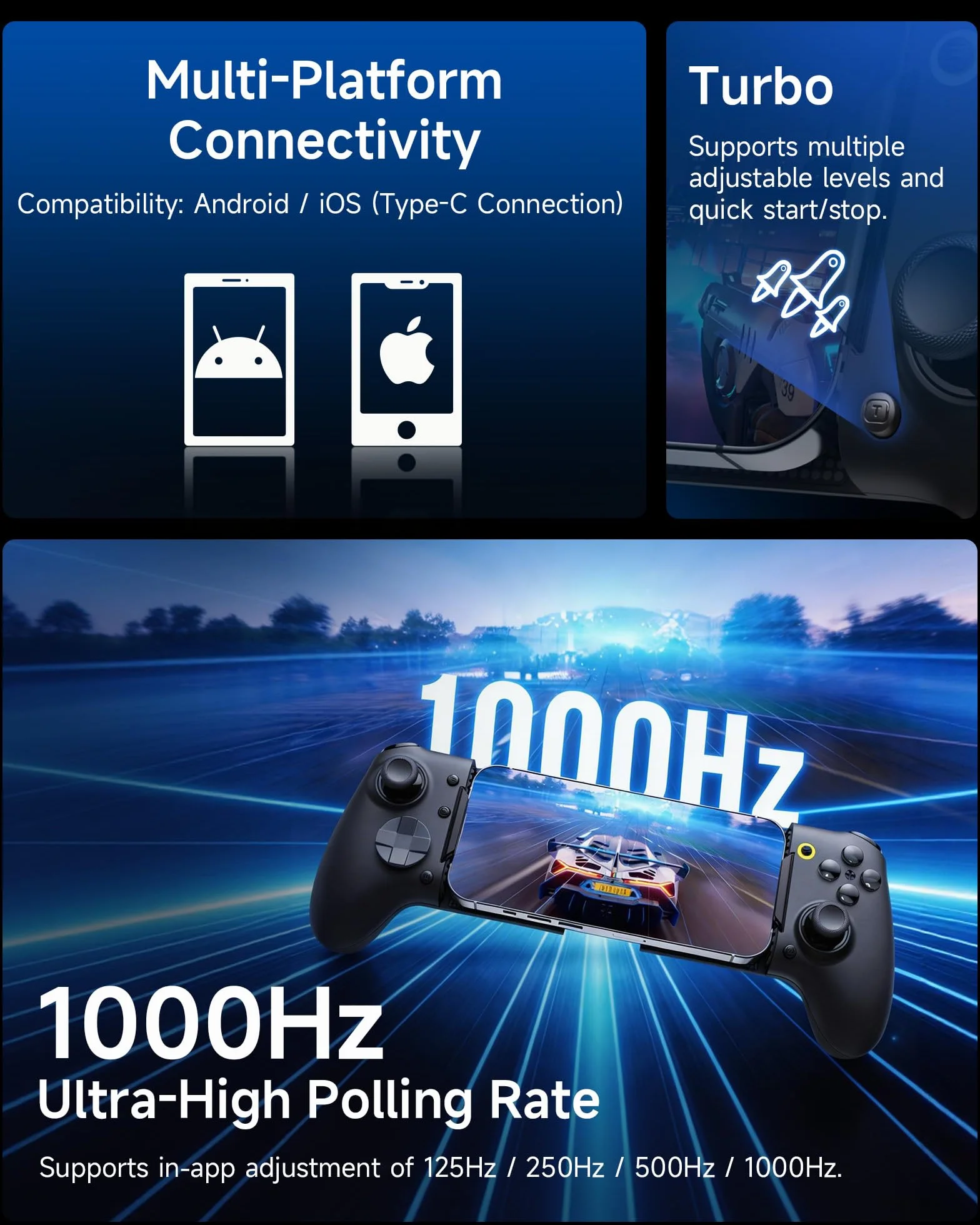 Controller mobile EasySMX M20 con USB-C per iPhone, smartphone Android e tablet 8,5", controller per smartphone con joystick a effetto Hall/grilletto a due stadi, doppi motori di presa