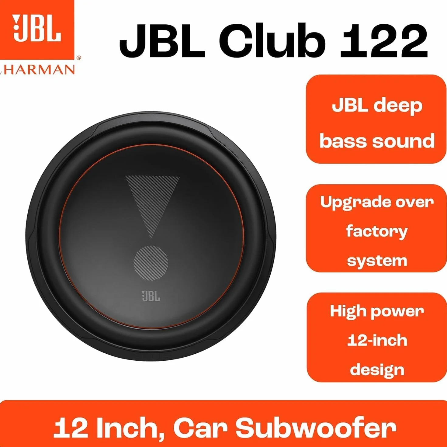 JBL Club 122 subwoofer 12 pollici (305 mm), 400 W RMS, 4 ohm, potente subwoofer auto, bassi profondi e precisi, ideale per sistemi audio car e appassionati di bassi