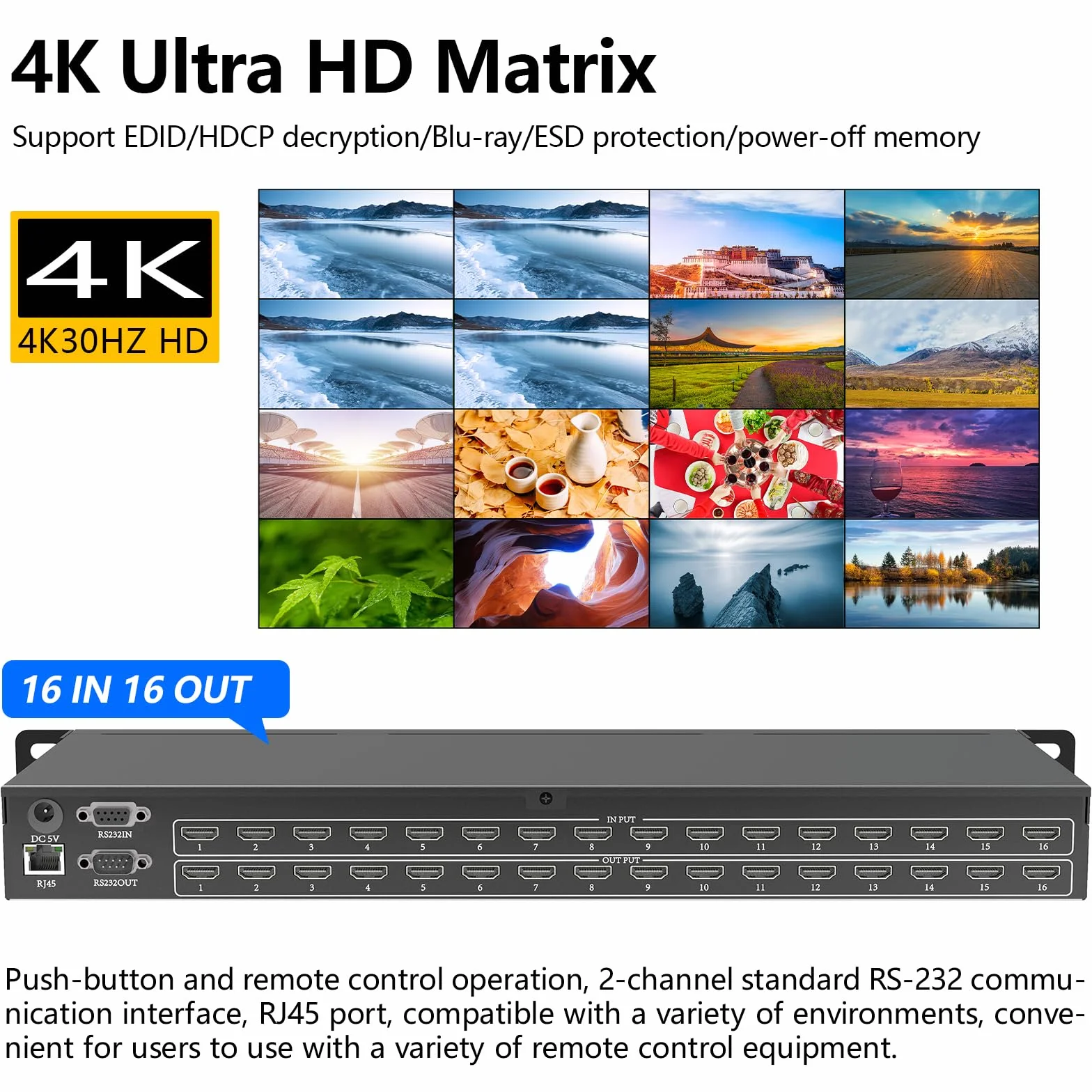 ICUIXIAN Switch a matrice HDMI 16x16 4K/30Hz-1080P/120Hz, matrice HDMI a 16 ingressi-16 uscite supporta Web GUI, RS232 e telecomando IR, EDID, HDCP, Dolby Digital, DTS-HD trasmissione audio principale