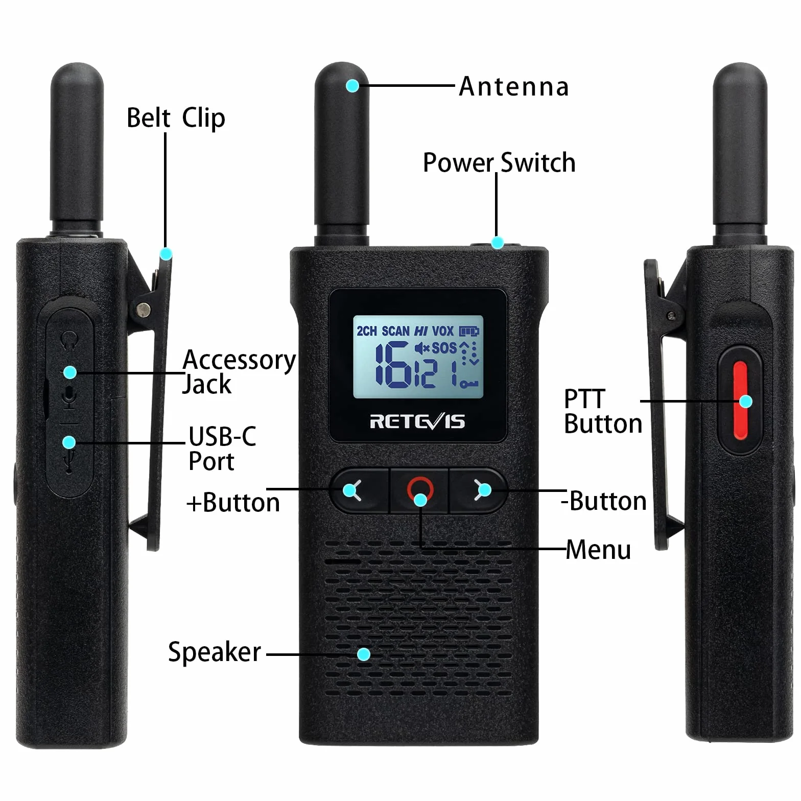 Retevis RB628 Walkie Talkie con Auricolare, Radio Ricetrasmittenti Ricaricabile, 16 Canali Licenza-libera PMR446, 1500 mAh, Schermo LCD VOX, Walkie Talkie a Lungo Raggio per Scuola (6 Pezzi, Nero)