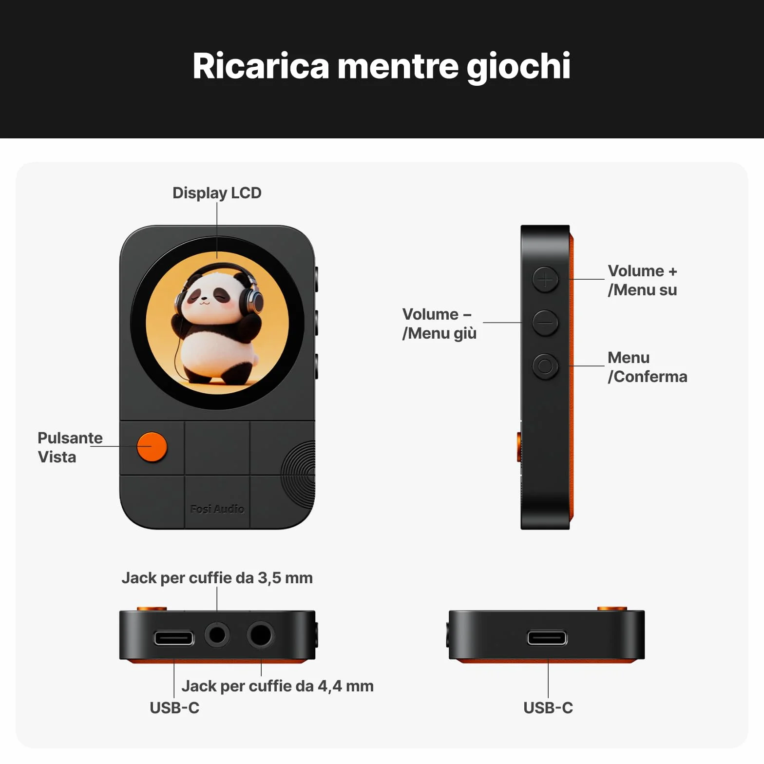 Fosi Audio MD3 DAC Audio USB Portatile, DAC Amplificatore Cuffie con Display Magnetico 1,28", Amplificatore per Cuffie ES9039Q2M, 3,5/4,4mm, PCM 32bit/384kHz DSD256 per Smartphone PC Tablet, Nero