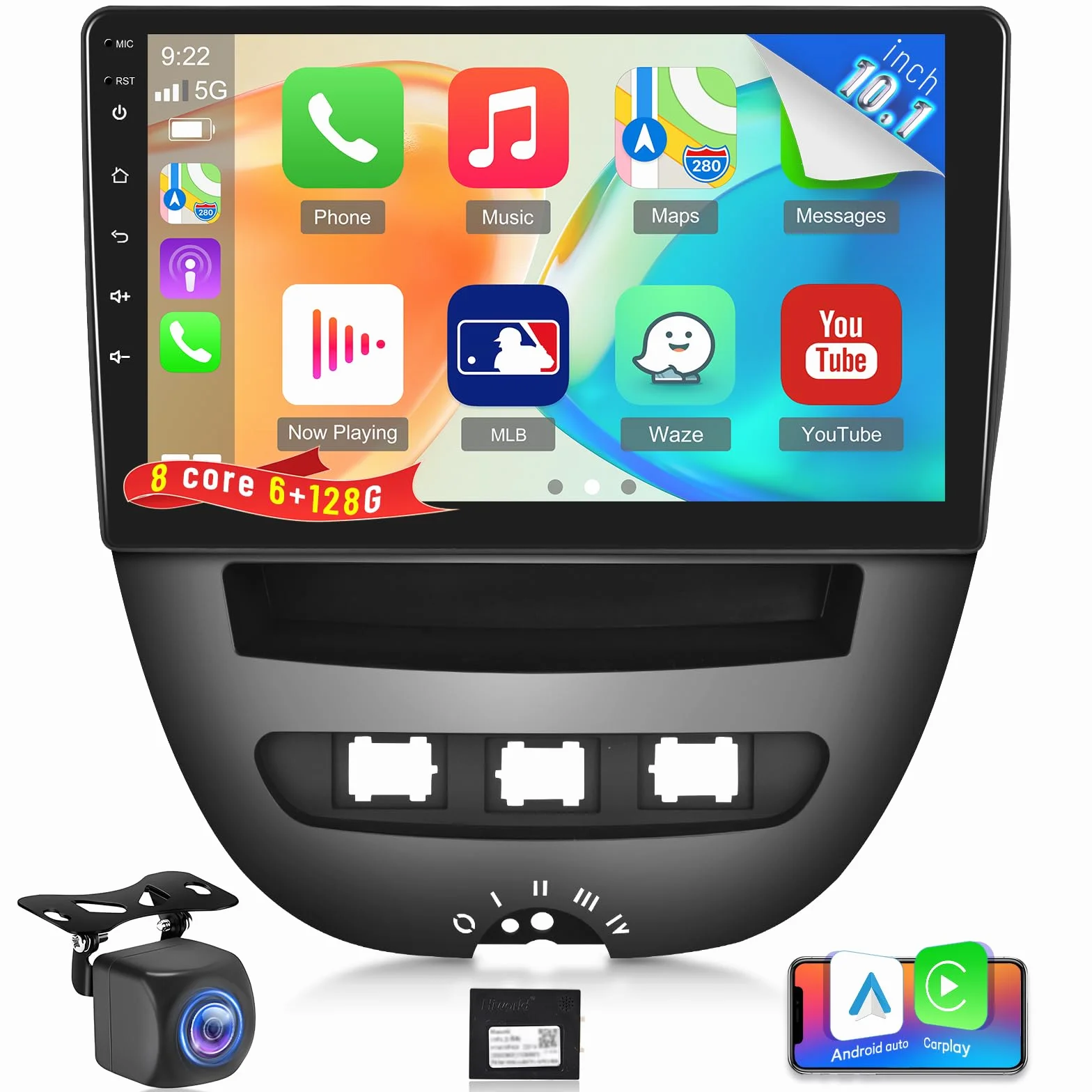 NHOPEEW 8 core 6+128G Autoradio per Peugeot 107 / Citroen C1 / Toyota Aygo 2004-2014 - Autoradio Android da 10,1 pollici con Carplay e Android Auto, WiFi, GPS, DSP FM RDS + telecamera di retromarcia