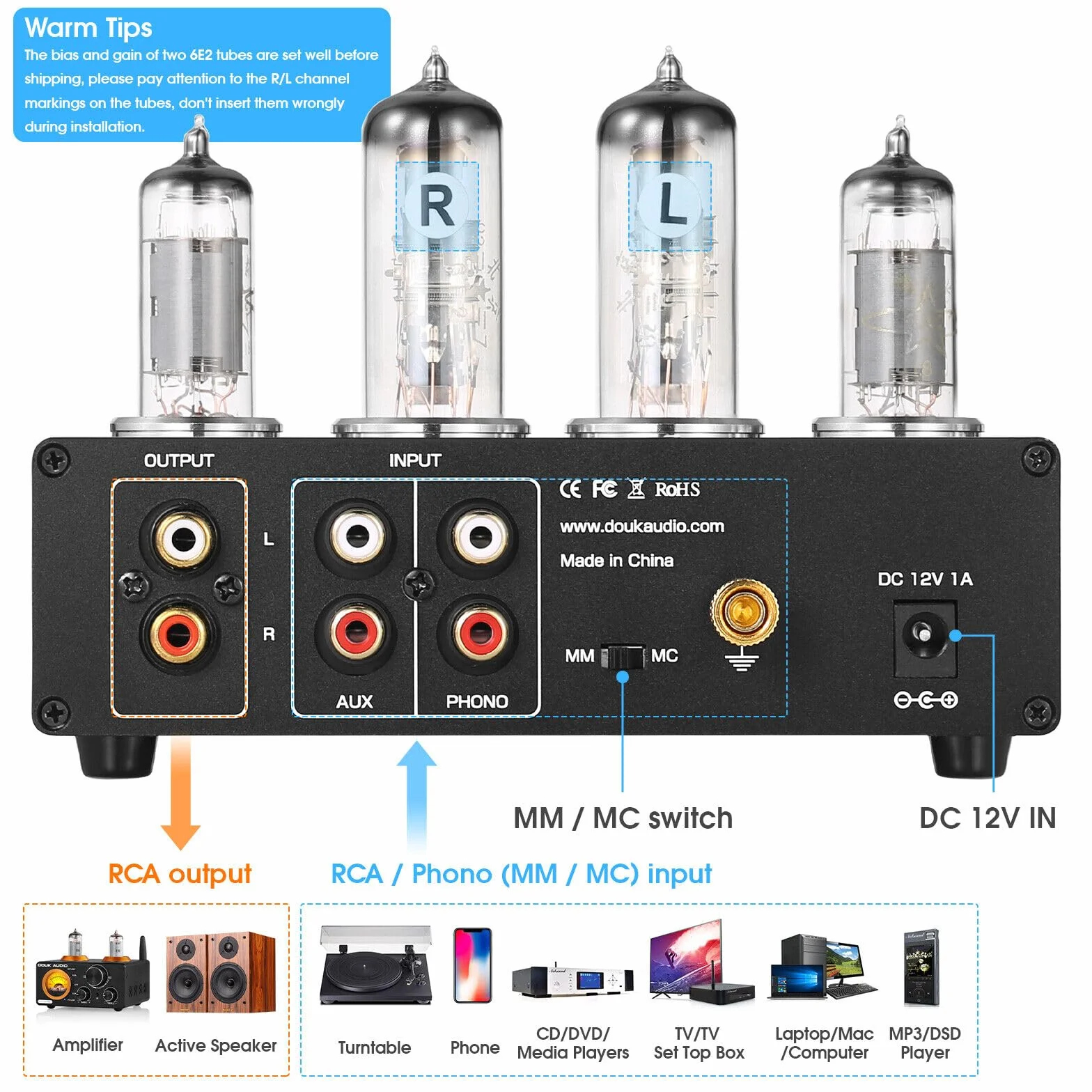 HiFi 6E2 Preamplificatore a valvole Phono Preamp per giradischi MM/MC Amplificatore per cuffie