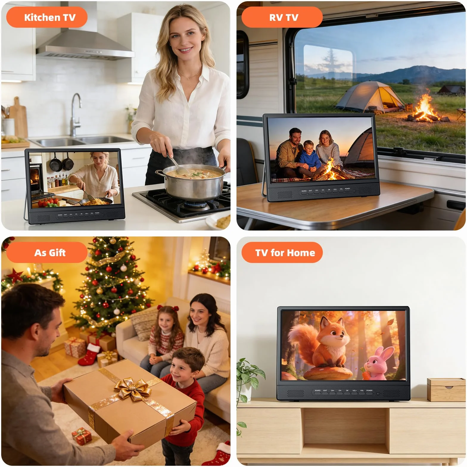 Desobry Smart TV Android 12 Pollici Televisore Portatile DVB-T2 Freeview HDMI USB AV Cuffie Supporto Regolabile 180°