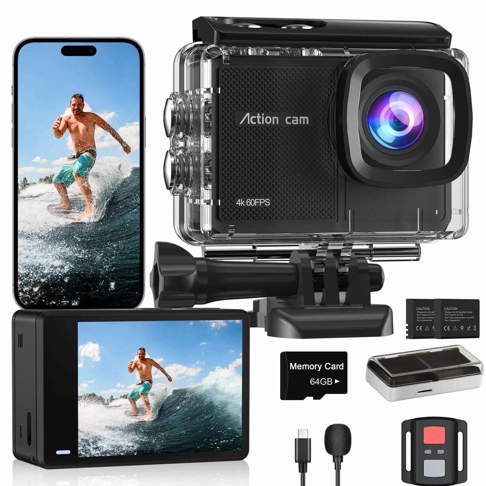 Action Cam 4K60FPS 48MP HD con Scheda SD 64GB,40M Macchina Fotografica Subacquea,Zoom 8x Videocamera,EIS,WiFi,Telecomando,2 * 1350 mAh-POV Senza Mani per Sport Estremi(Accessori Inclusi)