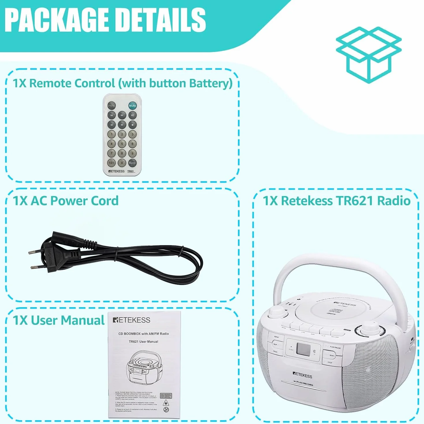 Retekess TR621 Lettore CD Boombox Portatile, Radio con Lettore CD, AM FM Radio, Supporto USB TF, con Telecomando, AC o Alimentato a Batteria, Accompagna la Famiglia e Gli Amici, Regalo(Bianco)