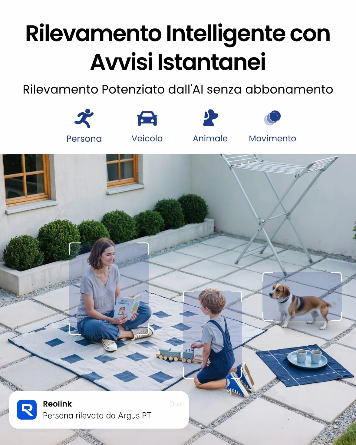 Reolink 5MP Telecamera WiFi Esterno Senza Fili a Batteria, 360° PTZ Videosorveglianza WiFi 2,4/5 GHz, Rilevamento Smart, Audio a 2 Vie, Compatibile con Alexa/Cloud, Argus PT(Nero) con Pannello Solare