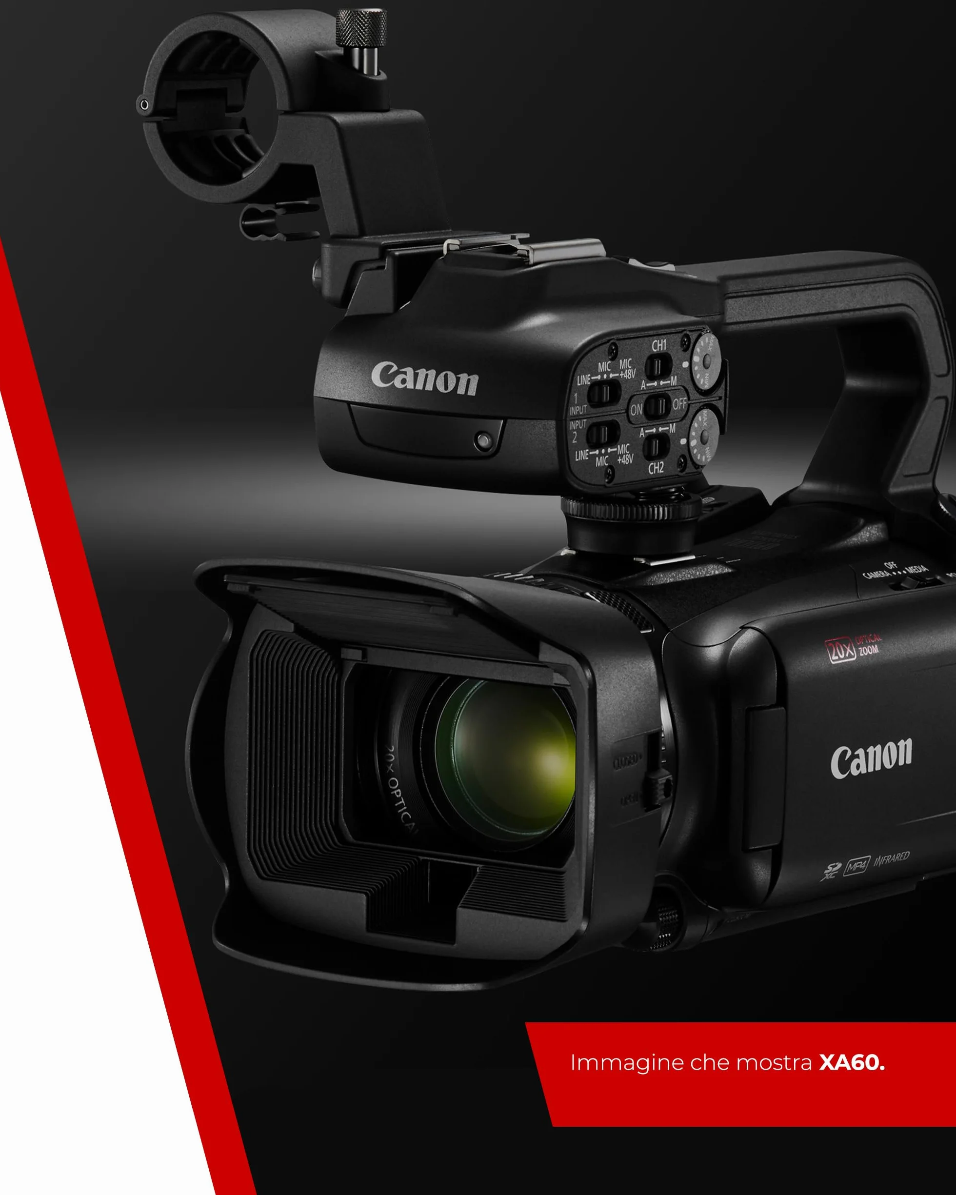 Canon XA60 - Videocamera 4K Professionale con Messa a Fuoco Automatica, Zoom Ottico 20x, Stabilizzazione a 5 Assi, Uscita HDMI e Streaming Live HD via USB-C