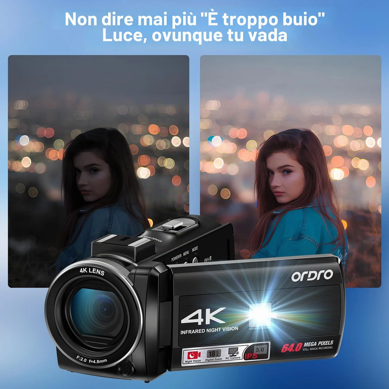 ORDRO Videocamera 4K, Camcorder 64MP 18x Zoom Digitale, Visione Notturna IR, Luce di Bilanciamento, Schermo Rotante 3.0" 270°, Videocamera per Vlog YouTube con Treppiede e 2 Batterie