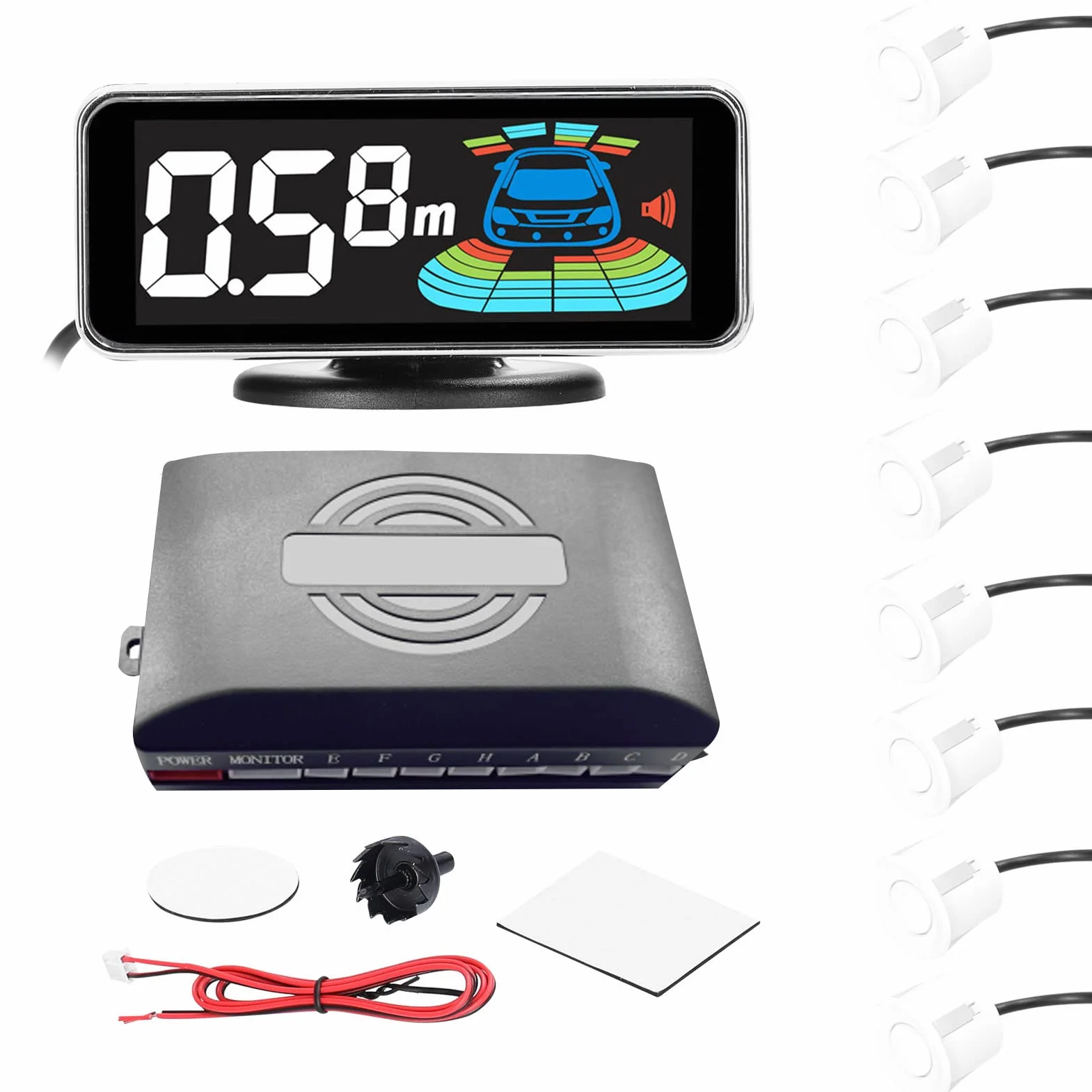 Shkalacar Sensori di Parcheggio per Auto, Sistema Radar di Retromarcia con 8 Sensori di Parcheggio Rilevamento della Distanza Display LCD della Distanza Segnale Acustico di Avvertimento