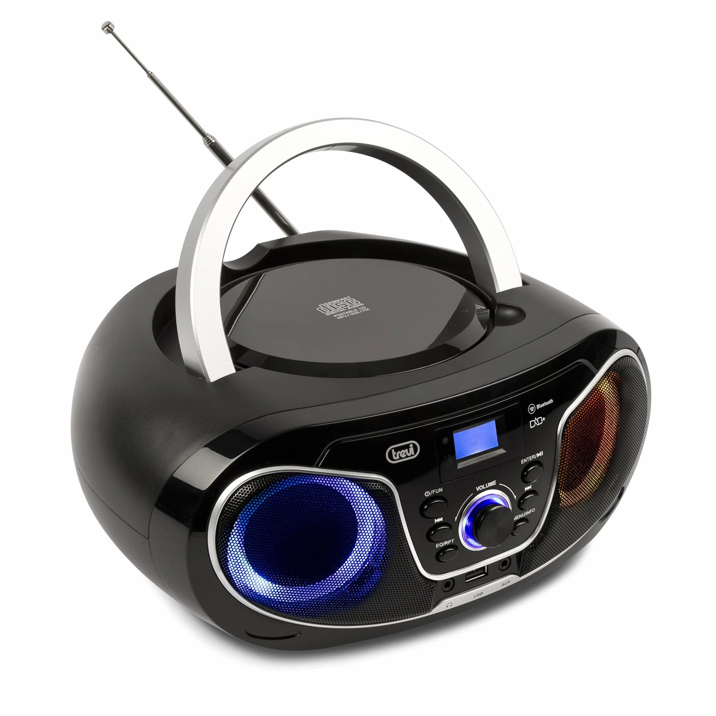 Trevi CMP 588 DAB Stereo Portatile Wireless con Radio Digitale DAB e FM, Boombox con Lettore CD, USB, AUX-IN, Antenna Telescopica, Display ad Alta Leggibilità, Alimentazione a Corrente e Batterie