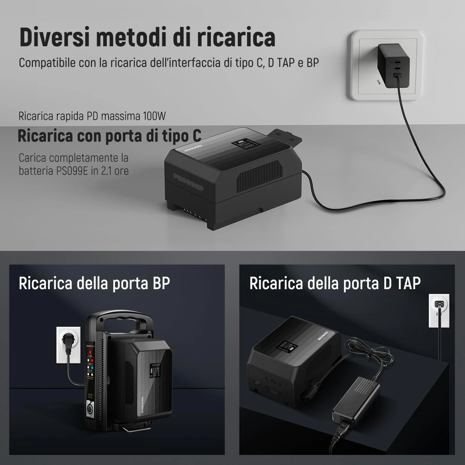 NEEWER PS099EP Mini V Mount Battery, Batteria V Lock 6800mAh 99Wh, Ricarica Rapida PD 100W, Due USB C/D Tap/BP/USB A/Doppio DC/Schermo OLED/Panno Pulizia per Videocamera Fotocamera Monitor Luce Video
