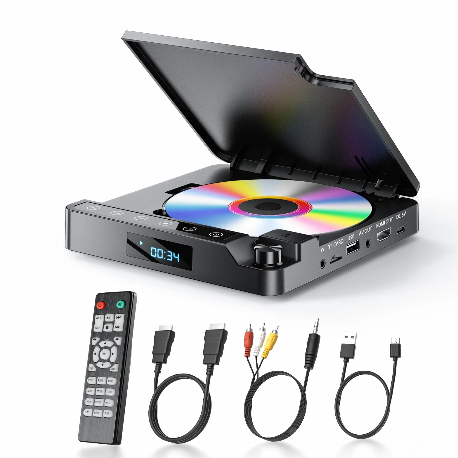Desobry Lettore DVD per TV 1080P, Lettore DVD HDMI/AV e USB/scheda TF, Mini CD Player supporto PAL/NTSC, dotato di più cavi e telecomando, con funzione di ultima memoria - Nuovo