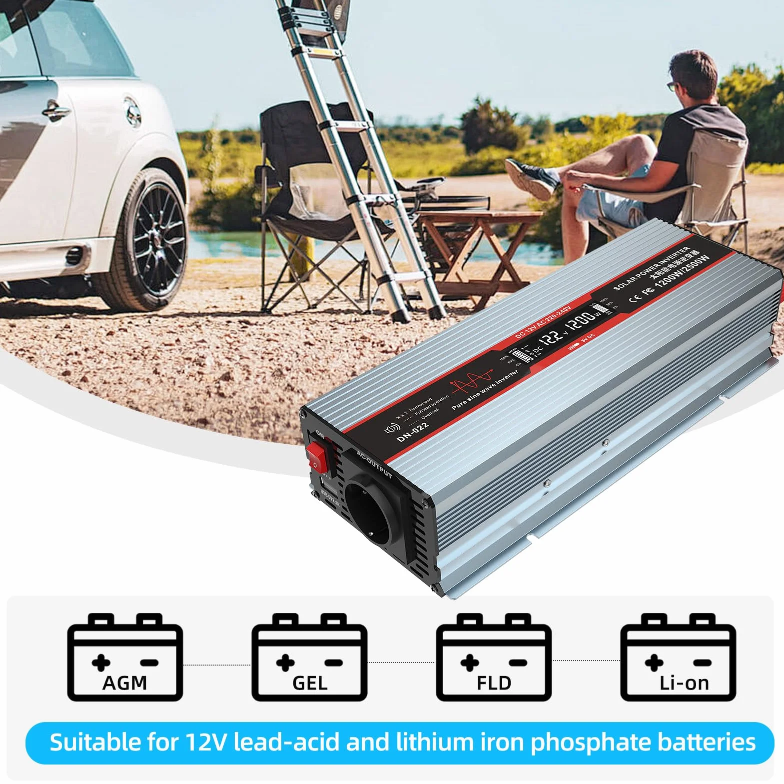 DATOUBOSS Inverter 12V 220V/230V Onda Sinusoidale Pura 1200W/2500W Convertitore di Tensione con Prese EU, Porte USB e Display LED per Auto, Camion, Roulotte, Elettrodomestici, Grigio