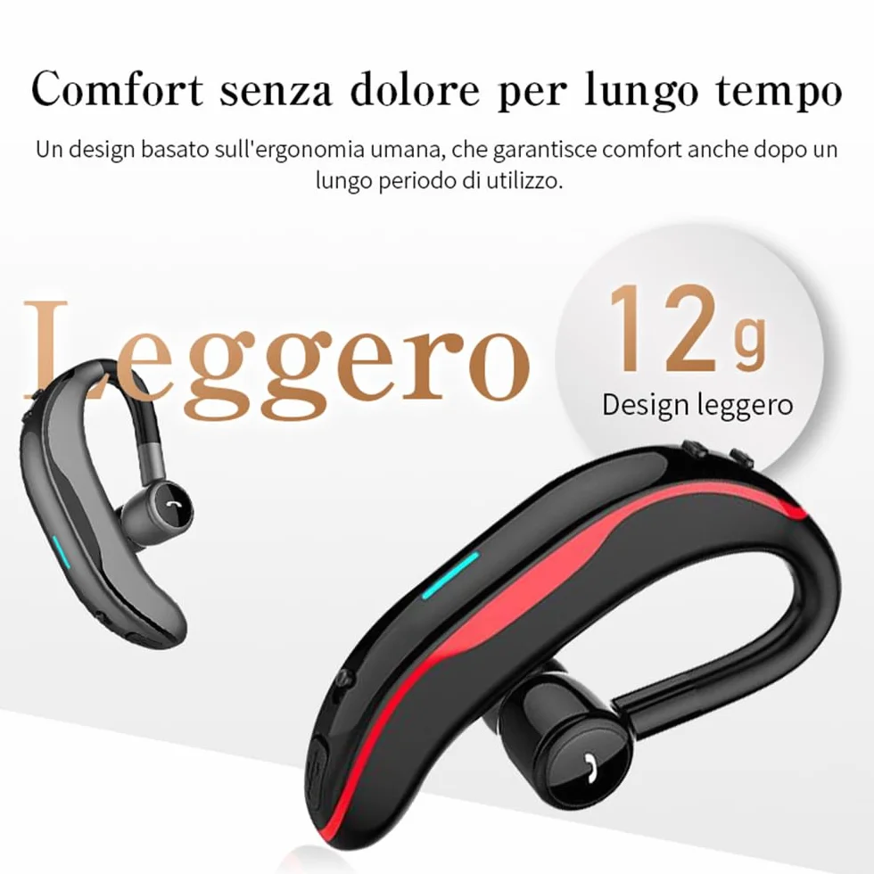 Auricolare Wireless Bluetooth 5.4 Mono/Indip. (L/R), 200h standby, ENC, HiFi, IPX4, 180° rotazione, 12g ultra-leggero, compatibile iOS/Android. Design ad aggancio.(rosso)