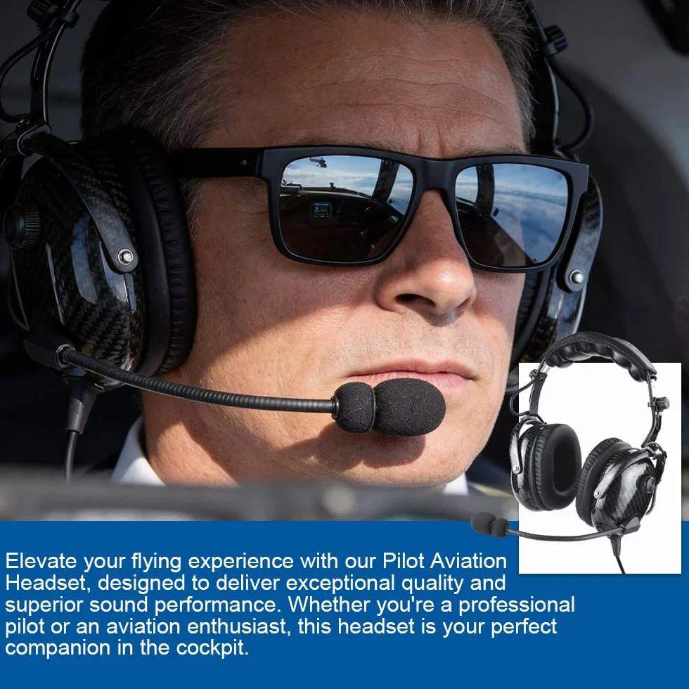 Cuffie aviazione in fibra di carbonio con riduzione passiva del rumore, compatibilità mono e stereo, microfono con cancellazione del rumore, ingresso MP3, include borsa per cuffie