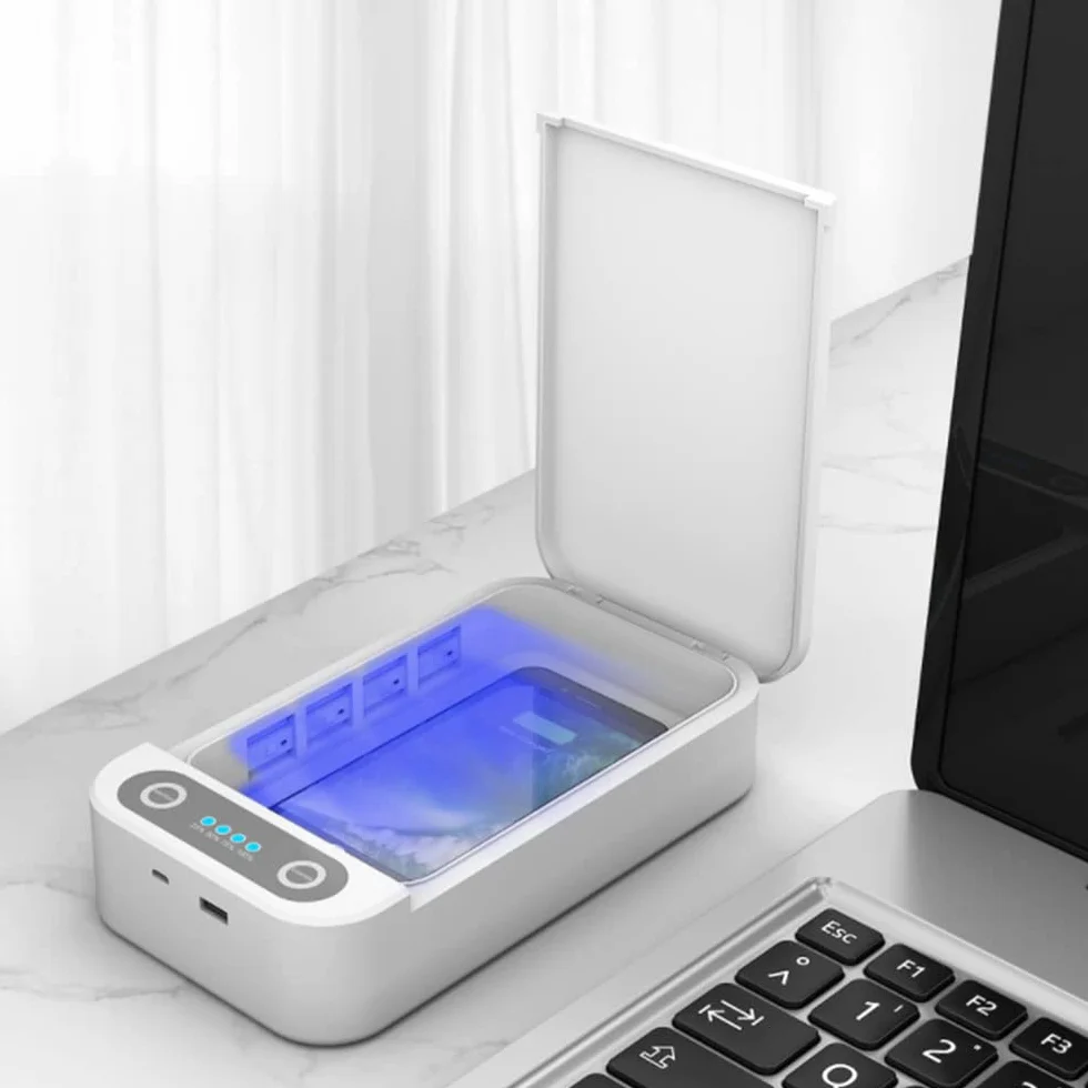 Scatola disinfettante UV per telefono con caricabatterie wireless, uccide batteri e virus, porta di ricarica USB, per maschere telefoniche e gioielli