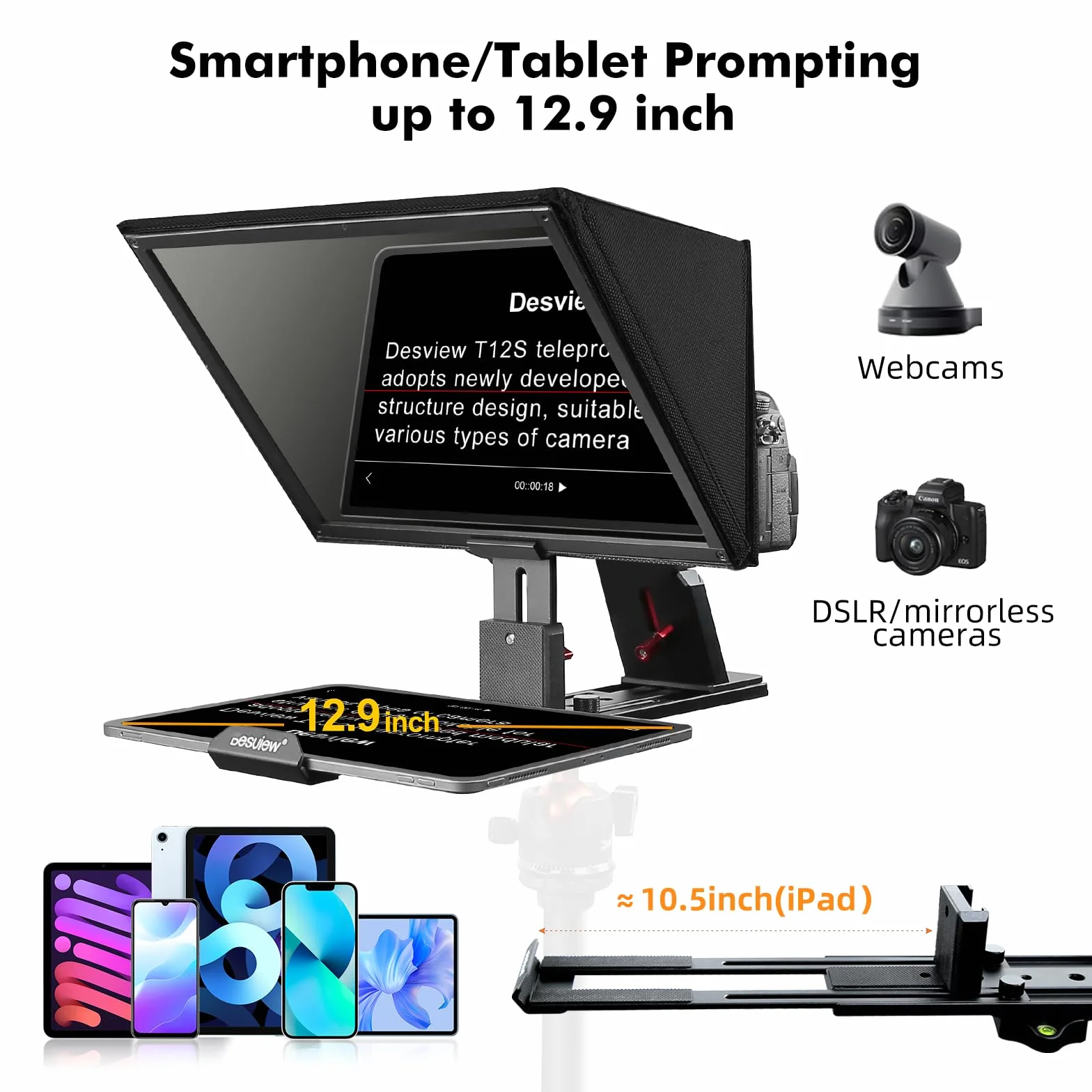 Desview T12S Teleprompter Teleprompter in lega di alluminio da 12,9 pollici, ad alto display in metallo con telecomando APP Compatibile con iPad, smartphone per fotocamere DSLR