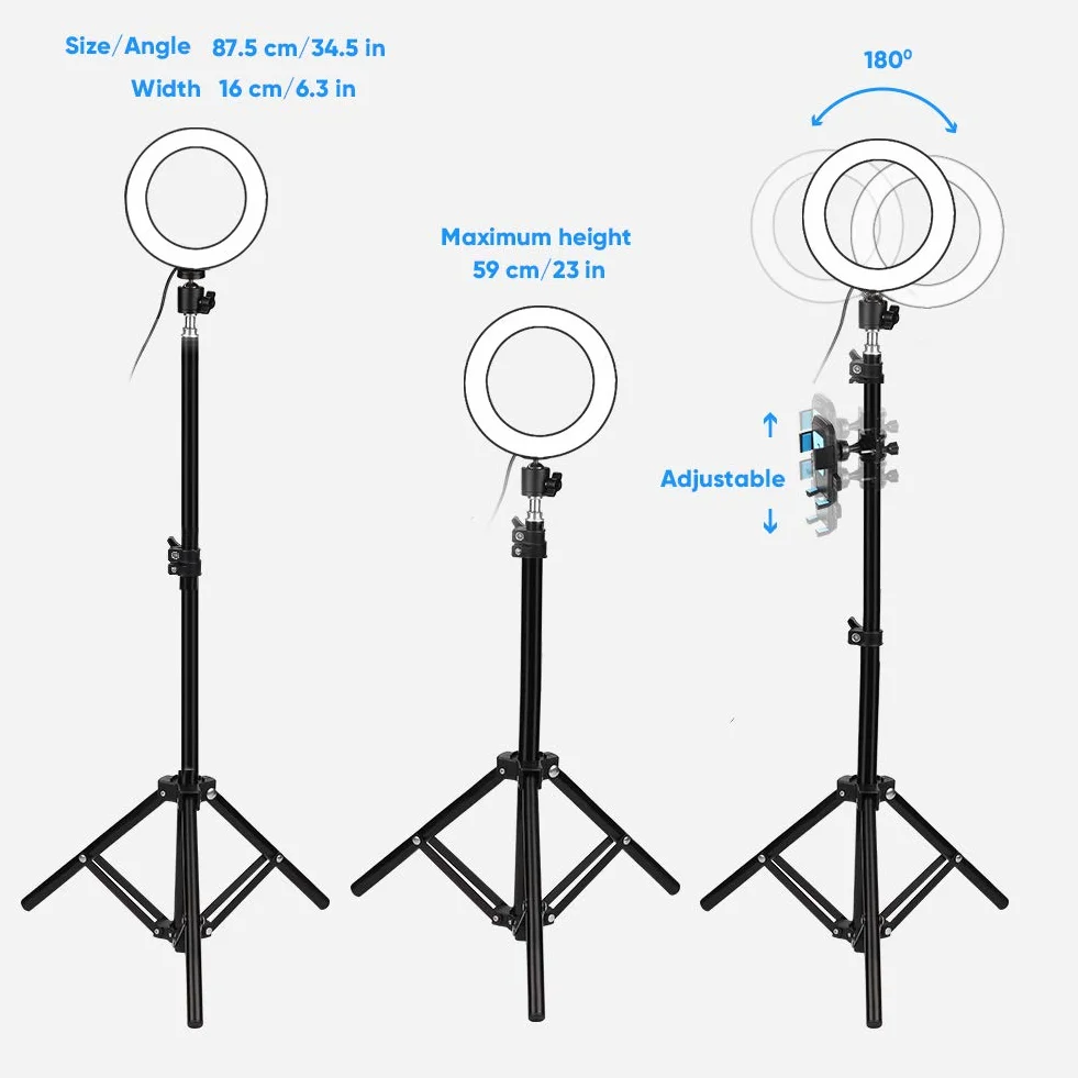 luce, 6"Standing Circle Light 3 10 Livello luminosità, Lampada Selfie per Trucco a LED (con treppiede e supporto telefono cellulare), con telecomando,Youtube, TikTok