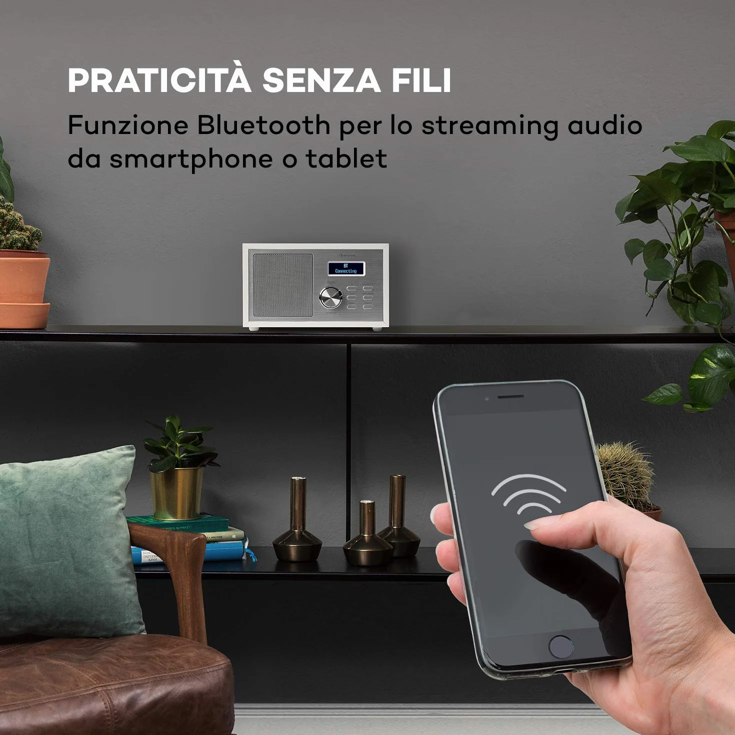 auna Ambient Radio DAB+/FM Bluetooth 5.0 A2DP Display LCD AUX-In Cuffie Effetto Legno Bianco
