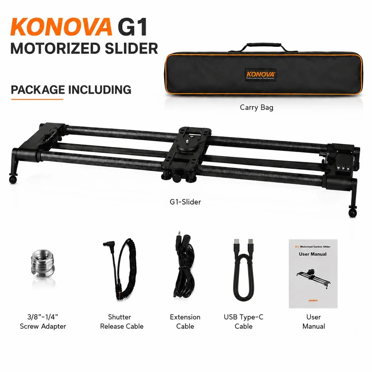 KONOVA G1 Slider Motorizzato per Fotocamera DSLR e Mirrorless, Controllo Bluetooth App, Binario in Fibra di Carbonio, Motion Control per Time Lapse, Stop Motion, Tracking e Panorama (100cm)