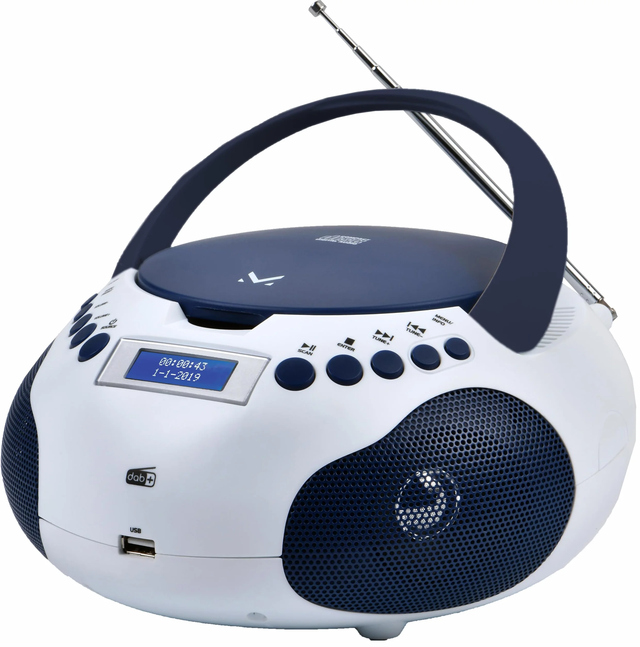 Majestic AH-265 Dab - Boom Box Portatile Radio Dab/Dab+/FM Stereo, Lettore CD/MP3, ingressi USB/AUX-in, BiancoBlu