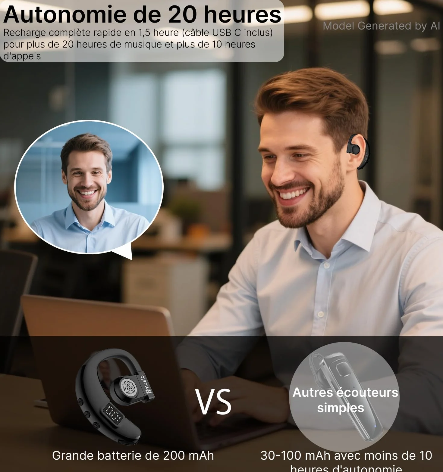 Hmusic Auricolare Bluetooth Singolo V5.4, Rotazione 180°, per Orecchio sinistro e destro, IPX5 Impermeabile, 20 Ore di Autonomia con microfono ENC, per guida, lavoro e sport (nero)