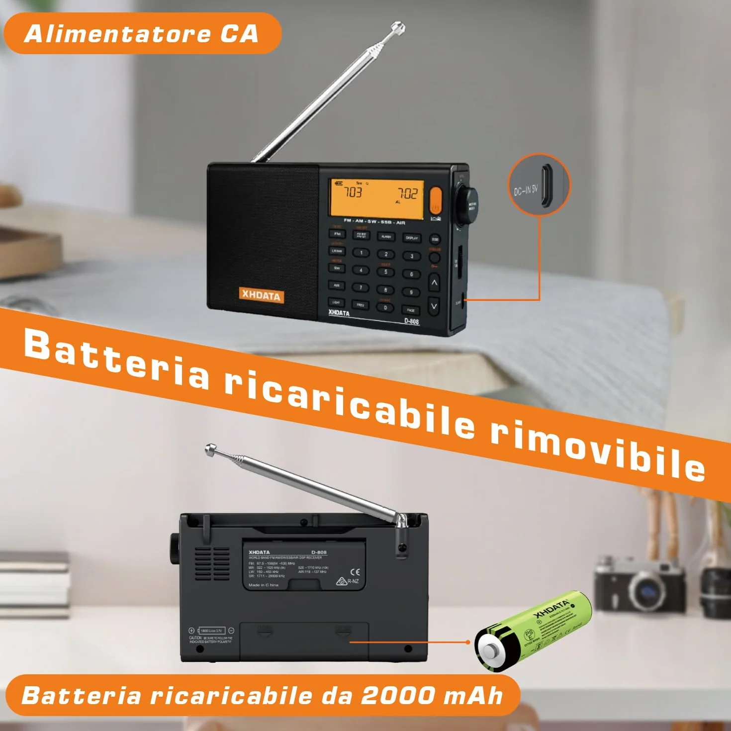 XHDATA D-808 Radio digitale portatile FM Stereo SW MW LW SSB RDS Air Band Multi Band con ATS, display LCD, nero
