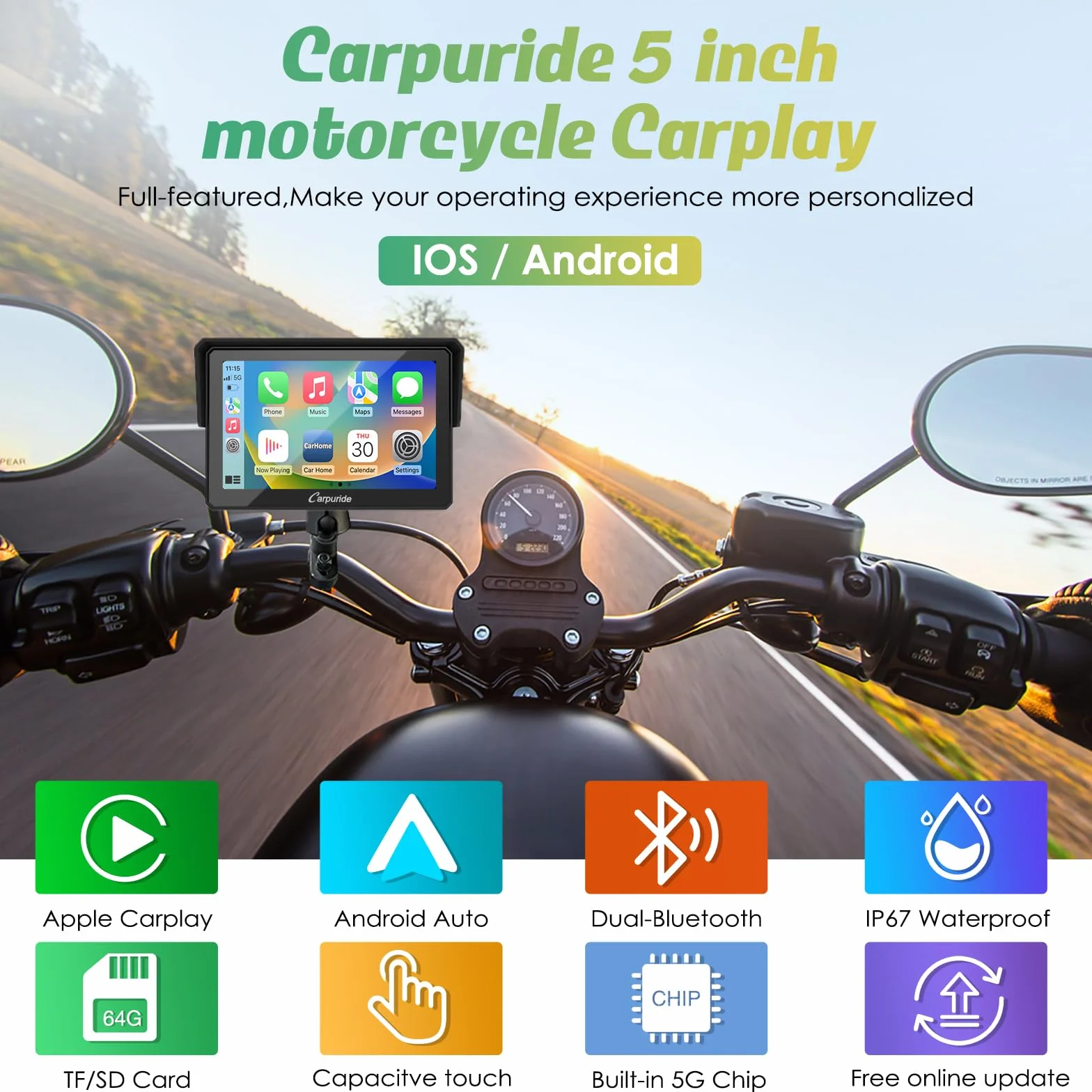 Carpuride W502 Stereo Portatile Senza Fili per Moto Doppio Bluetooth Impermeabile IP67, Schermo Carplay e Android Auto per Moto, Touch Screen da 5 pollici,TF 64G, Siri, G00gle,GPS