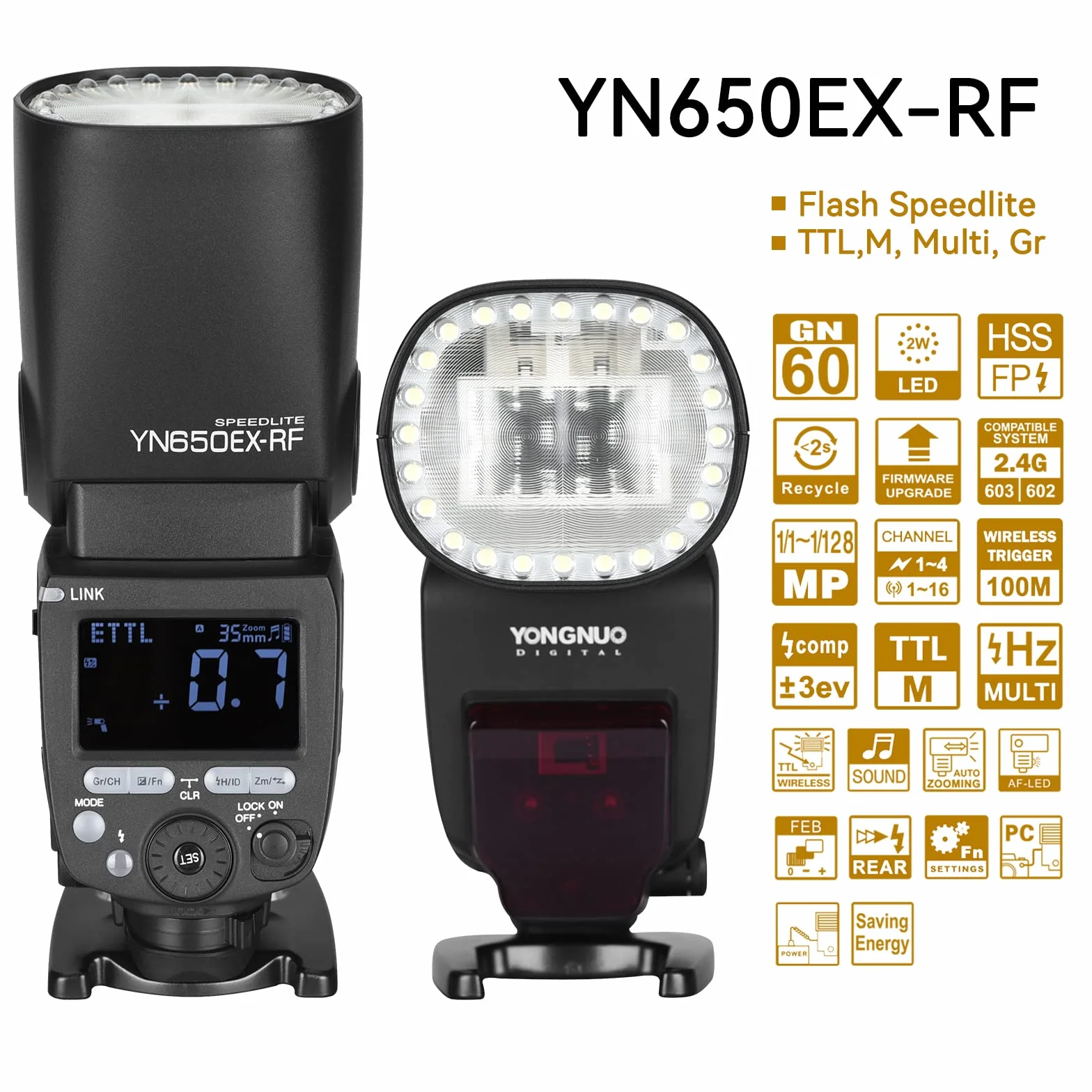 Yongnuo YN650EX-RF Flash Speedlite, GN60 24 pezzi LED perline TTL HSS, flash master slave con sistema RF 2.4G integrato, per fotocamera Canon DSLR