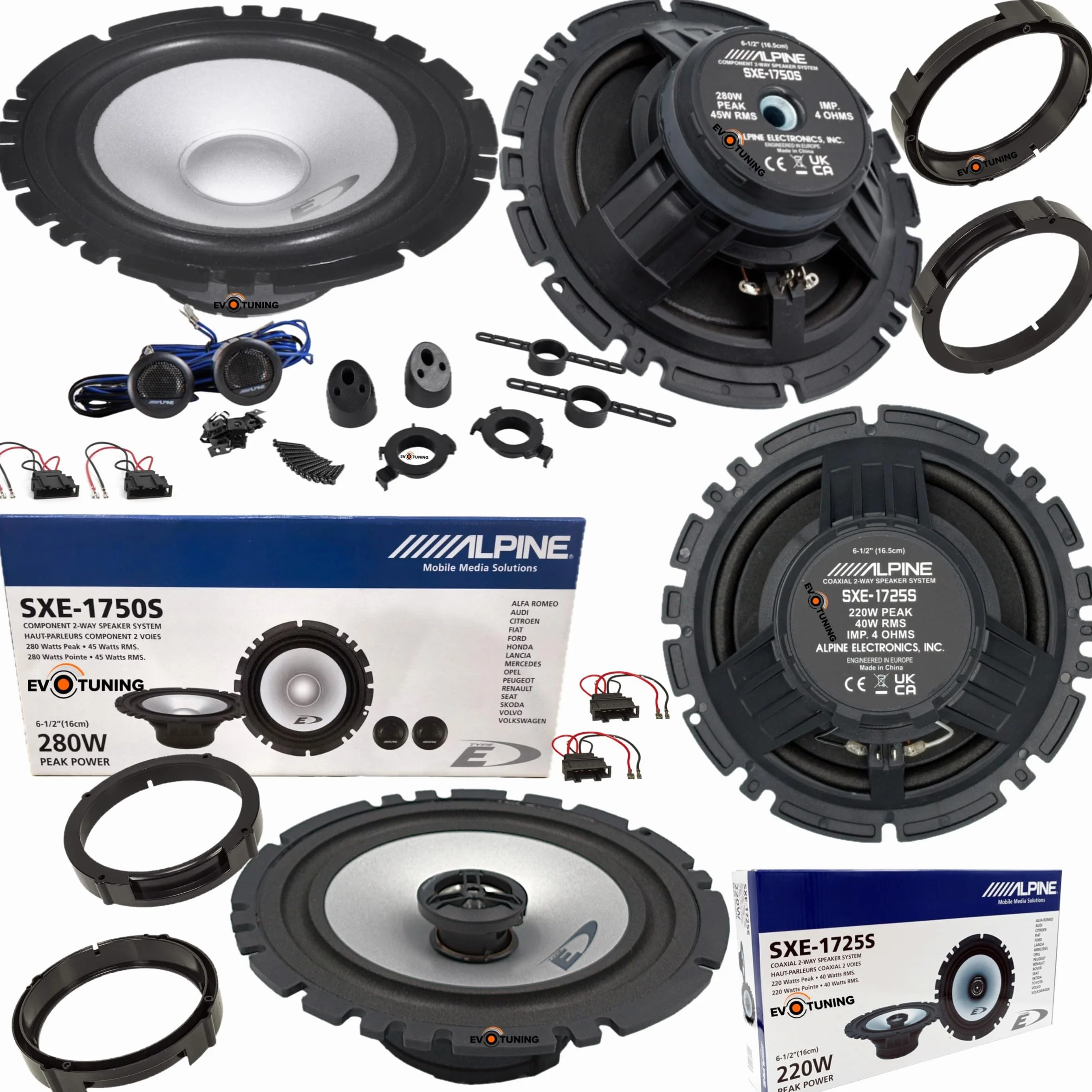 Kit 6 Casse Altoparlanti per VW Polo 9N 6R 6C dal 2001 al 2024 Anteriori e Posteriori compatibile con Alpine Sxe1750S Sxe1725S Set 2 Woofer 2 Tweeter 2 Coassiali 4 Anelli Adattatori 4 Cavi
