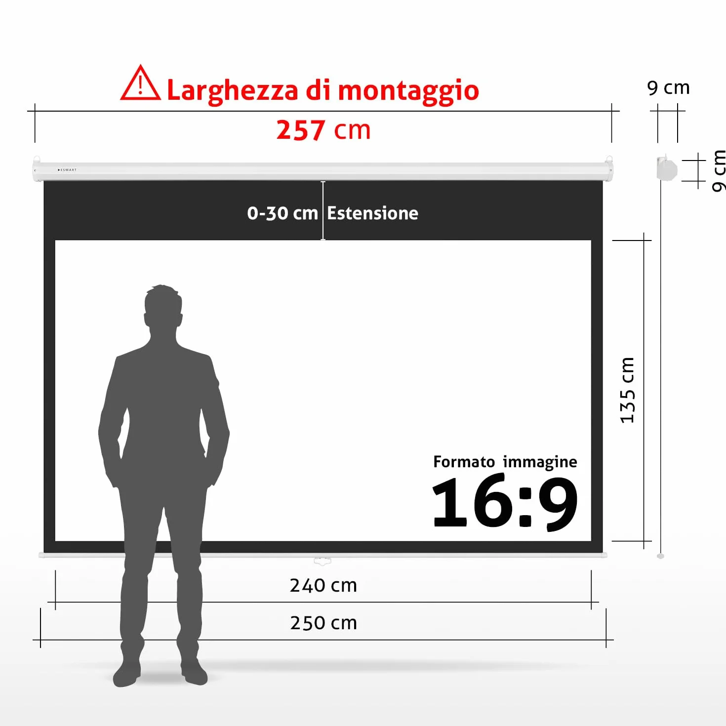 ESMART Economia EXR Schermo di rollo manuale 240 x 135 cm (108 ") | Formato 16: 9 | Schermo per proiezione proiettore home cinema Schermo per tende a rullo LCD LED