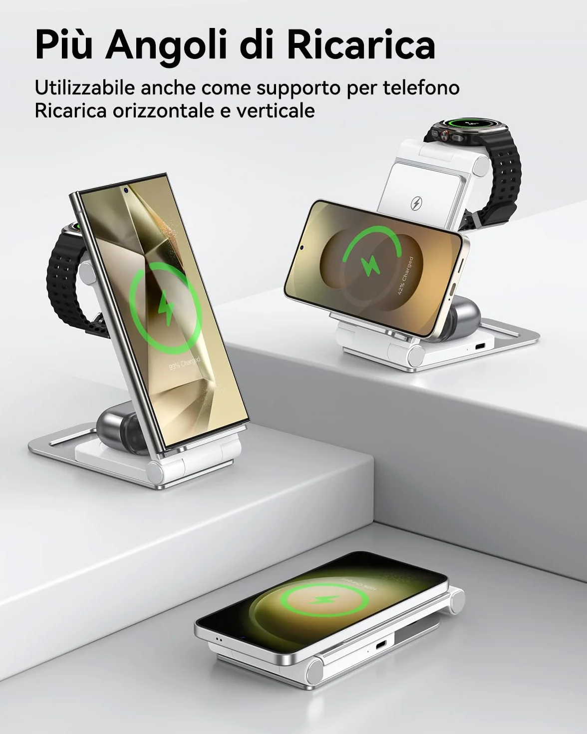 Caricatore Wireless 3 in 1 Ricarica per Samsung Galaxy S26/S25/S24/S23/S22/S21/S20 Series, Z Flip/Z Fold 7/6/5/4/3, Pieghevole per Galaxy Watch 8/Classic/Ultra/7/6/5/Pro/4, per Galaxy Buds 20W