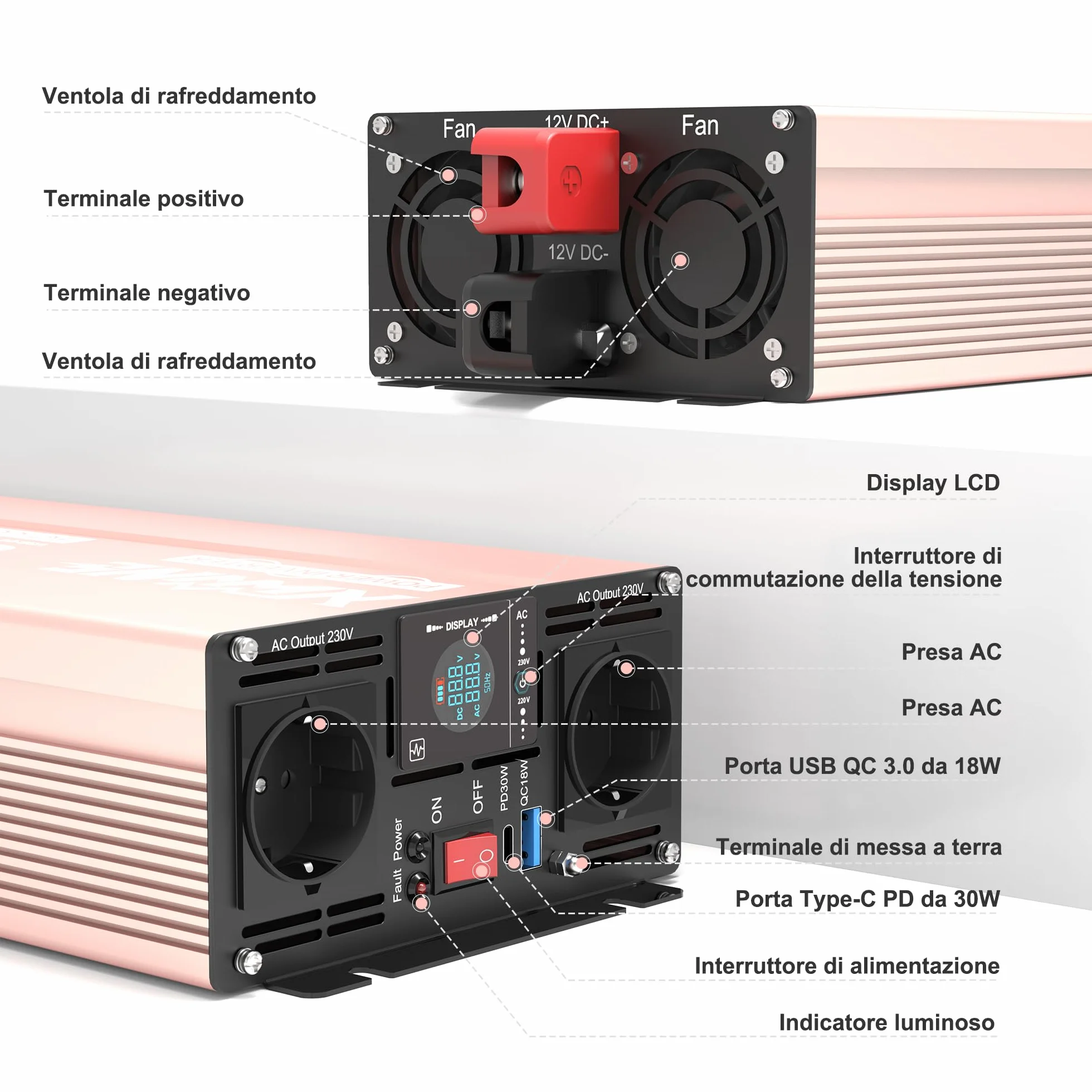 XWJNE Inverter 12V 220V/230V Onda Sinusoidale Pura 3000W, Convertitore di Tensione con 2 Prese CA, 1 Porte USB-A e 1 Porte USB-C, Display LCD, Telecomando 5M, per Camper, Camion, Casa e Emergenza