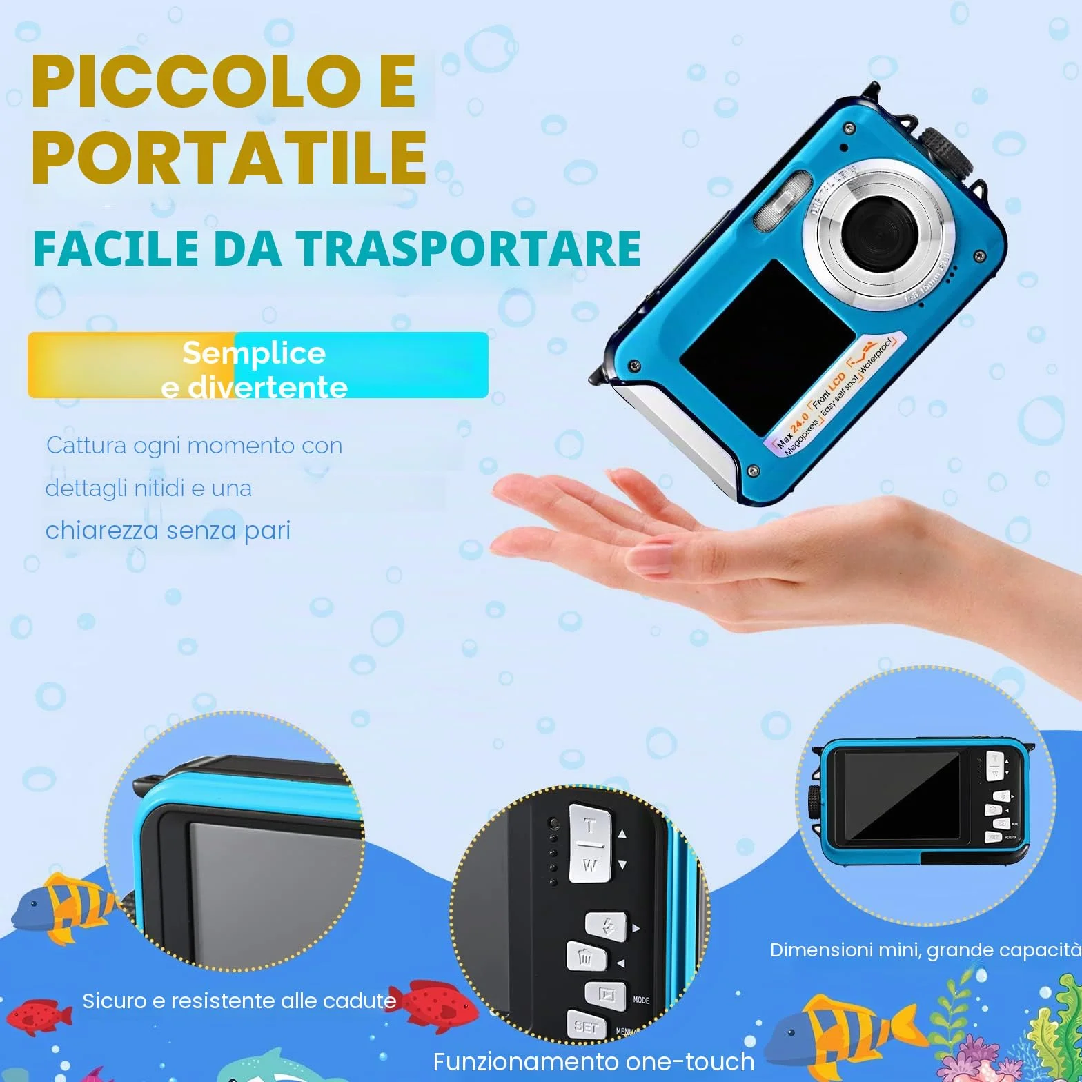 Fotocamera subacquea, Full HD 2.7K 24MP fotocamera digitale impermeabile, fotocamera compatta impermeabile 10FT, zoom digitale 16X, autofocus, fotocamera anti-shake per bambini, adolescenti