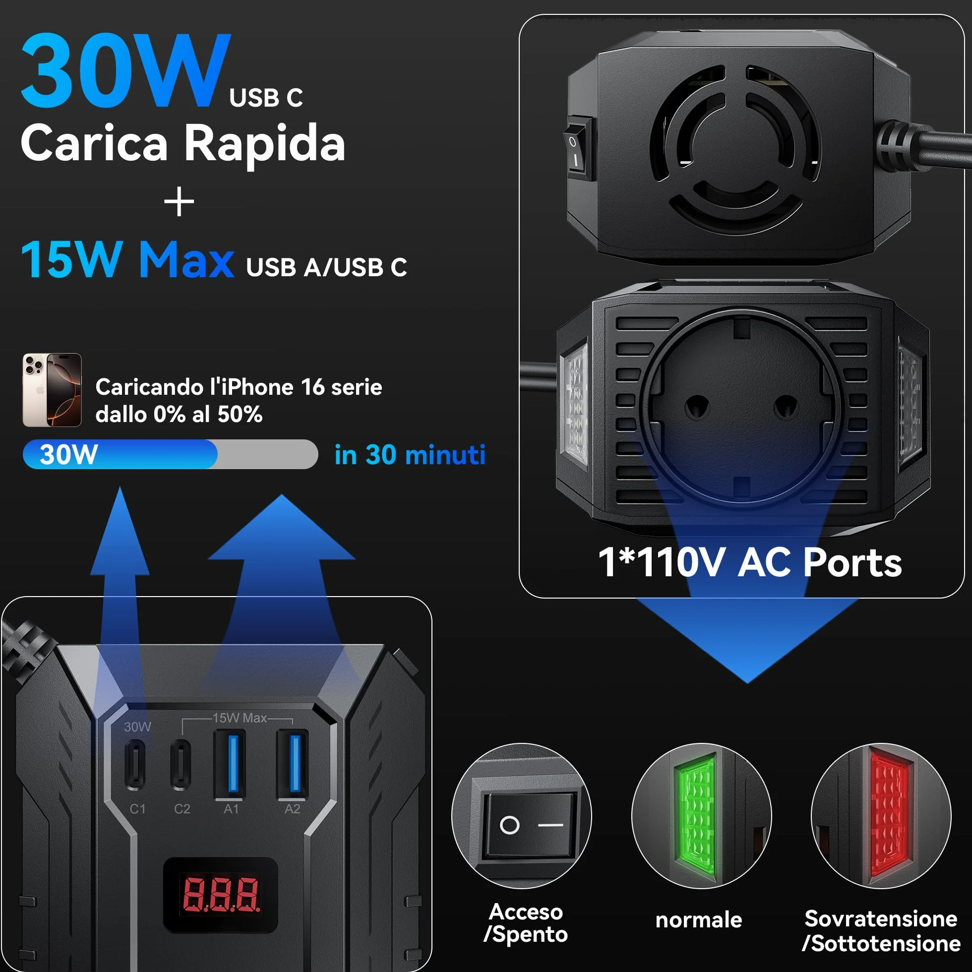 BESTEK Inverter Auto Onda Pura 400W, Trasformatore Inverter 12V a 220V, 2 USB, Multi Protezioni e Soft Start, Ideale per Auto/Camper, Alimentazione da Accendisigari