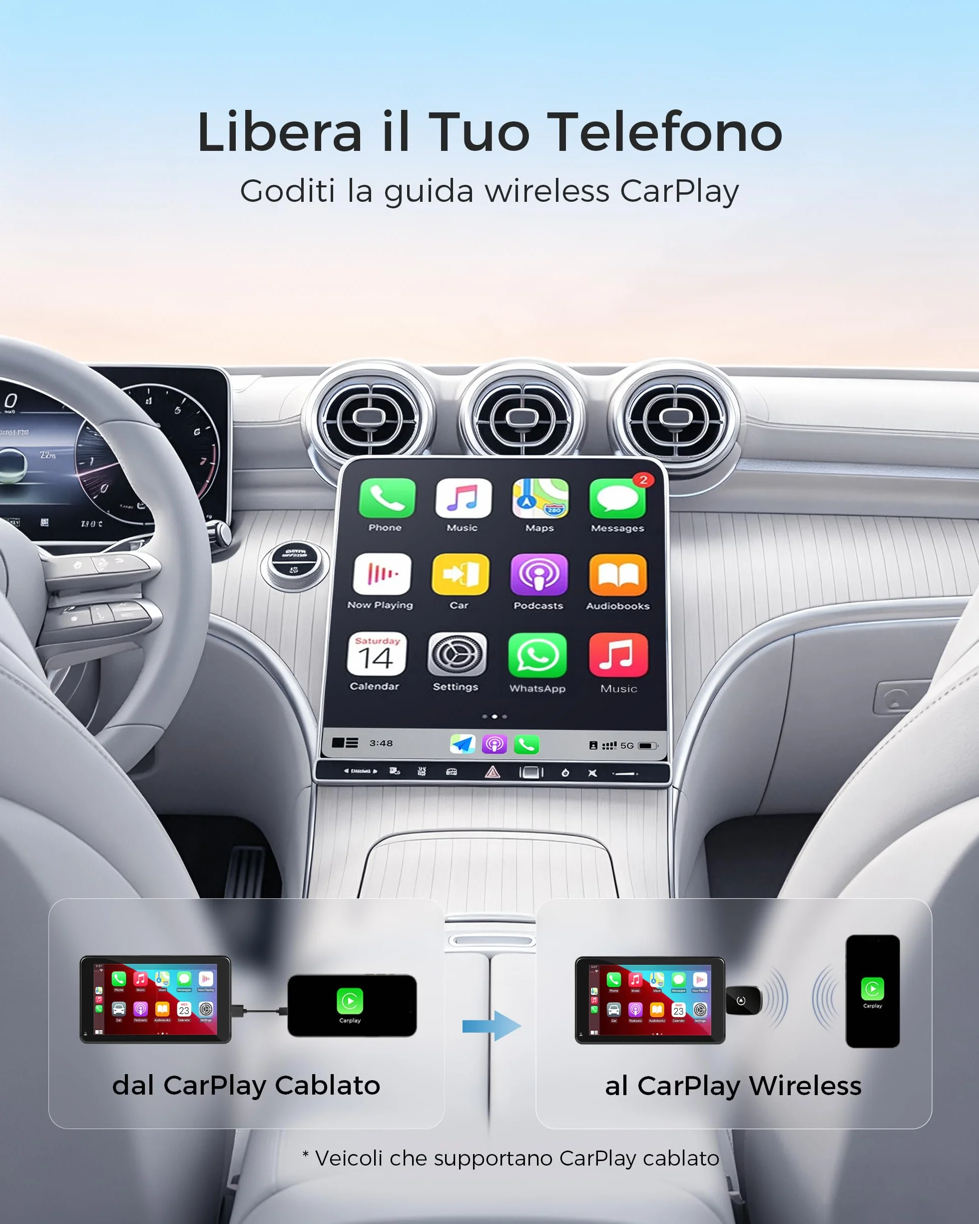 Adattatore CarPlay Wireless Dual Core Wi-Fi 5.8 GHz Bluetooth V5.3 per Apple iPhone iOS 10+ Veicoli CarPlay Cablata 2016