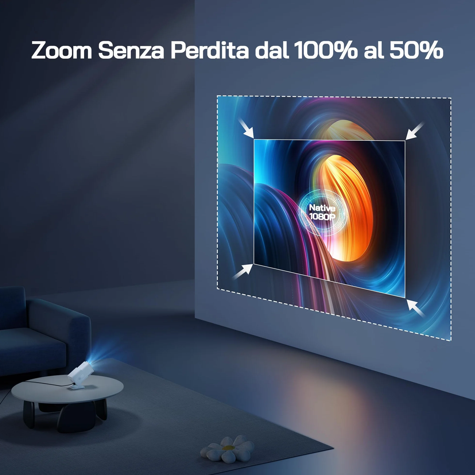 WOLFANG 4K Mini Proiettore【App Integrata/Netflix Ufficiale】, 26000 Lumen Proiettore Portatile con WiFi 6, 50% Zoom, Ruotabile 180° Videoproiettore per Home Theater/TV Stick/iOS/Android/PC/PS5/HDMI/AV