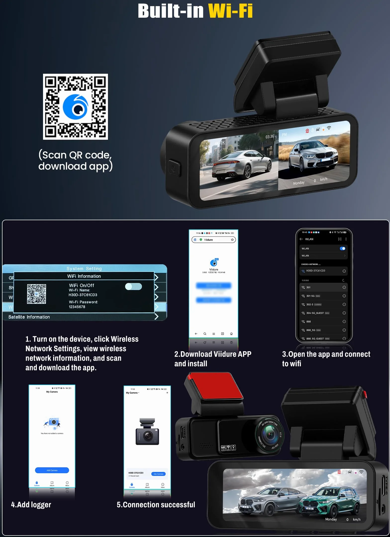 Dashcam 4K Anteriore e posteriore per auto, videocamera per auto 4K+2K FHD, videocamera per auto con GPS, ADAS, APP, Grandangolo 150°, visione notturna, sensore G, registrazione in loop