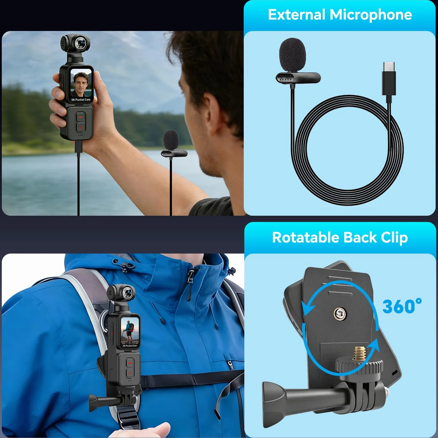 5K Bodycam, Mini Action Cam per Vlog POV, Obiettivo Rotante Elettrico, Tracciamento del Volto, Videocamera Portatile con Microfono Esterno, Clip e Scheda TF da 64 GB