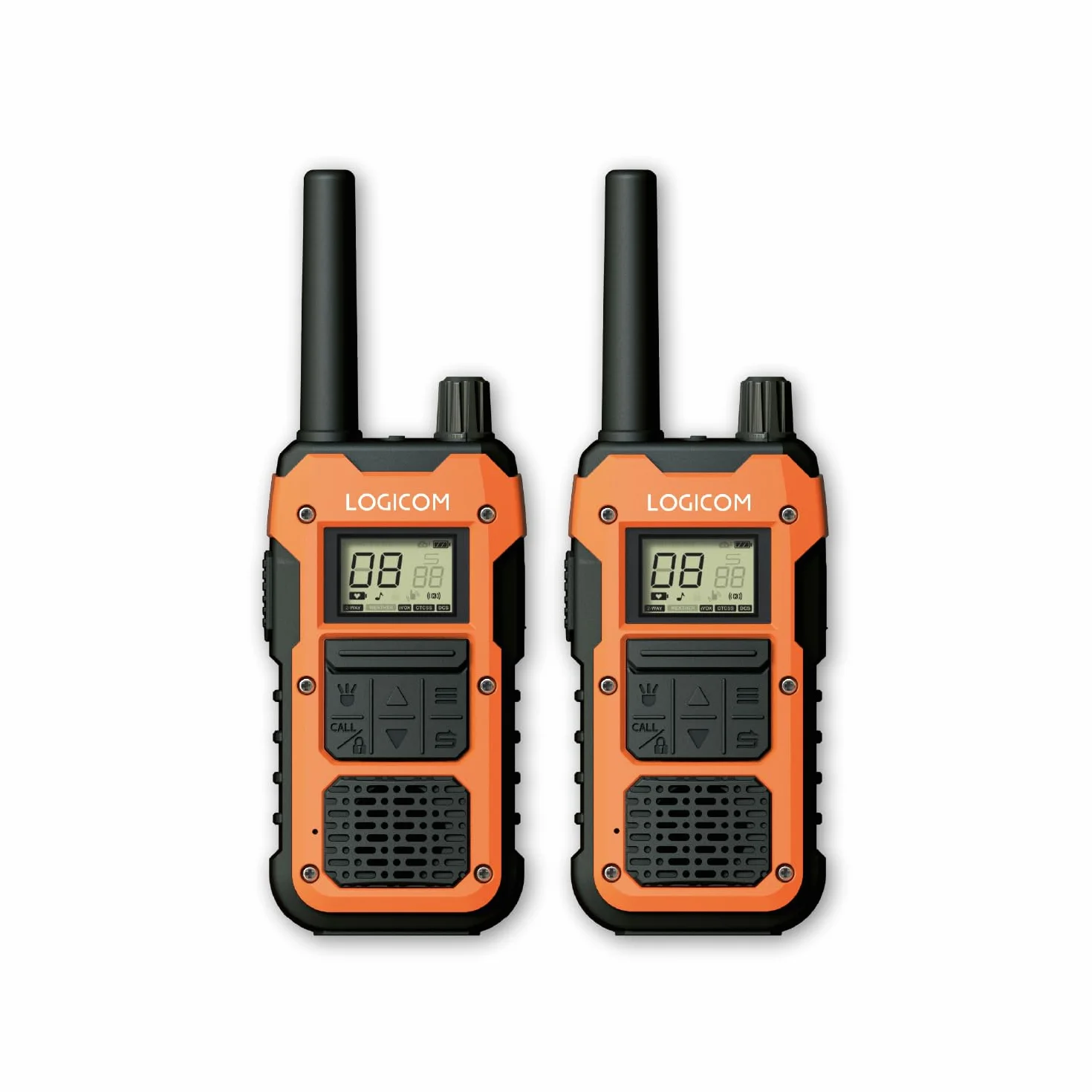 Logicom Extreme - Walkie-Talkie - PMR446 - Portata 10 km - Autonomia 36h - IP67-16 canali - Schermo LCD - USB-C Torcia - VOX Vivavoce - Audio Jack - Batteria 2000 mAh - Confezione da 2 radio