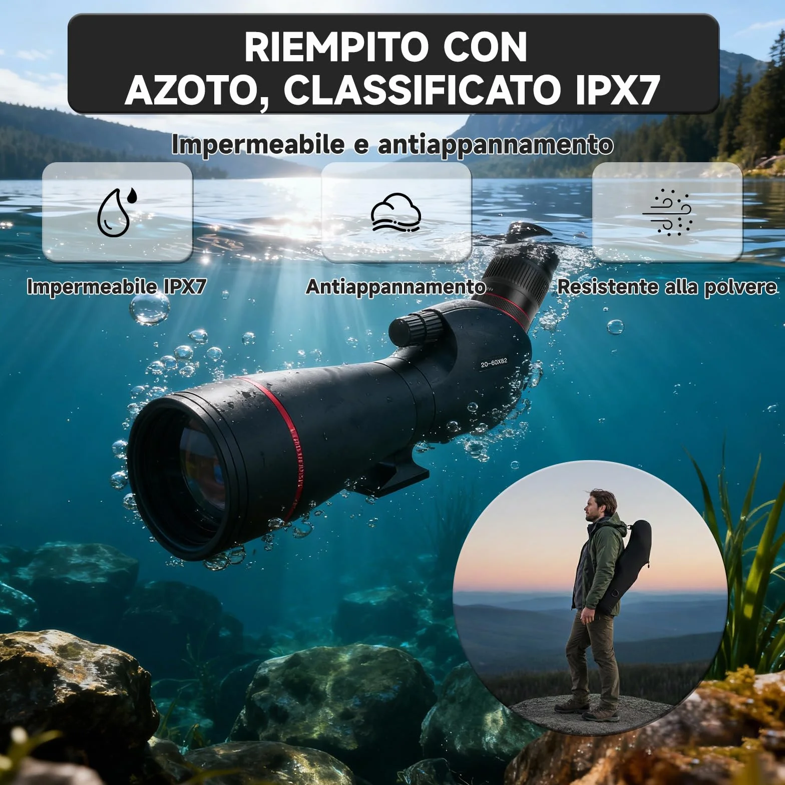 Cannocchiale da Punta HD 20-60x82 BAK4 FMC Impermeabile IPX7 con Treppiede, Adattatore Smartphone per Caccia Birdwatching Tiro