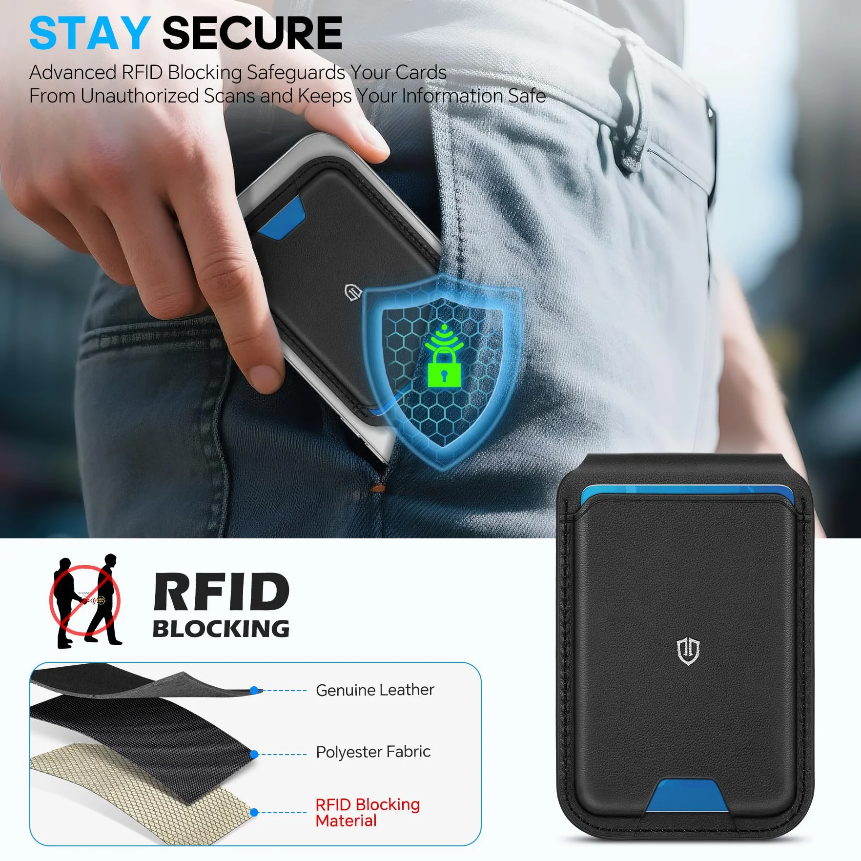 SHIELDON Portafoglio Magnetico per Magsafe, Porta Carte in Vera Pelle [Blocco RFID] [Supporto Regolabile] [Sportello ID] Porta carte Portafoglio per iPhone 17/16/15/14/13/12 Series, No per Mini - Nera