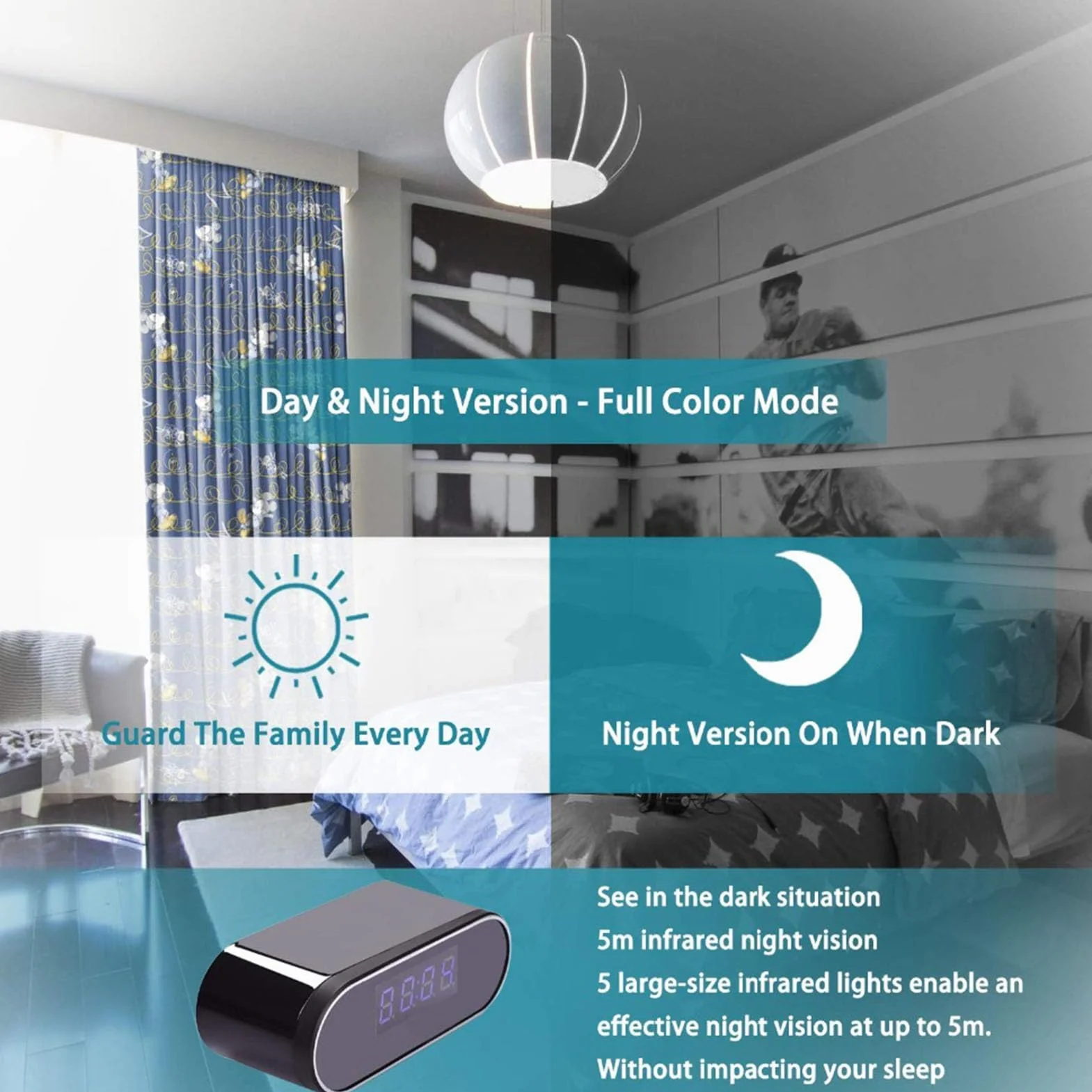 Sxhlseller Telecamera Orologio WiFi FHD 1080P, Telecamera Sveglia Digitale con Rilevamento di Movimento, Visione Notturna, Grandangolo di 130°, Visualizzazione Remota con App a 2,4 GHz,