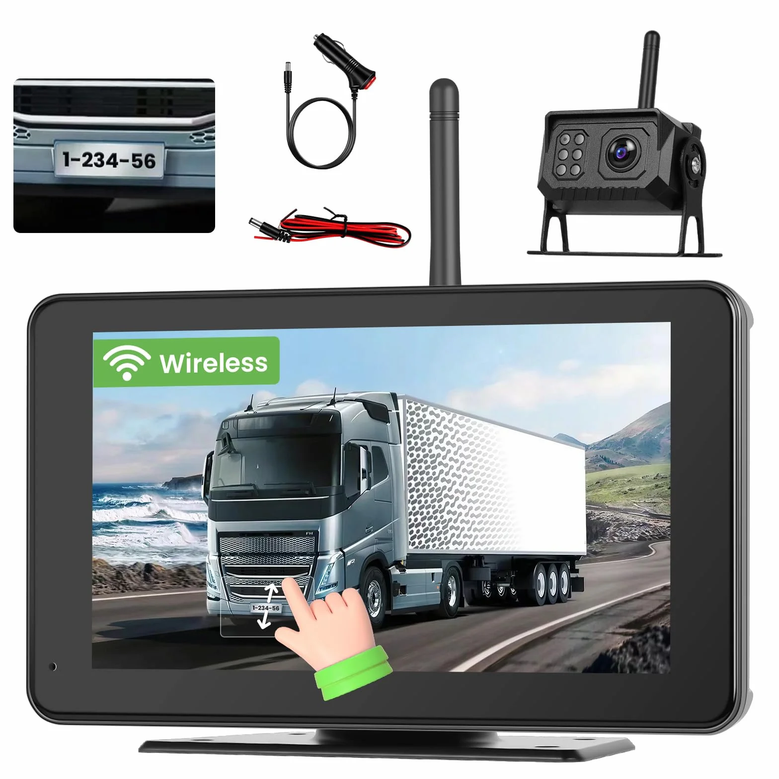 Telecamera di retromarcia senza fili 7" IPS touchscreen set per camper con telecamera posteriore a visione notturna, impermeabile IP68, registrazione in loop, BSD e linea di retromarcia