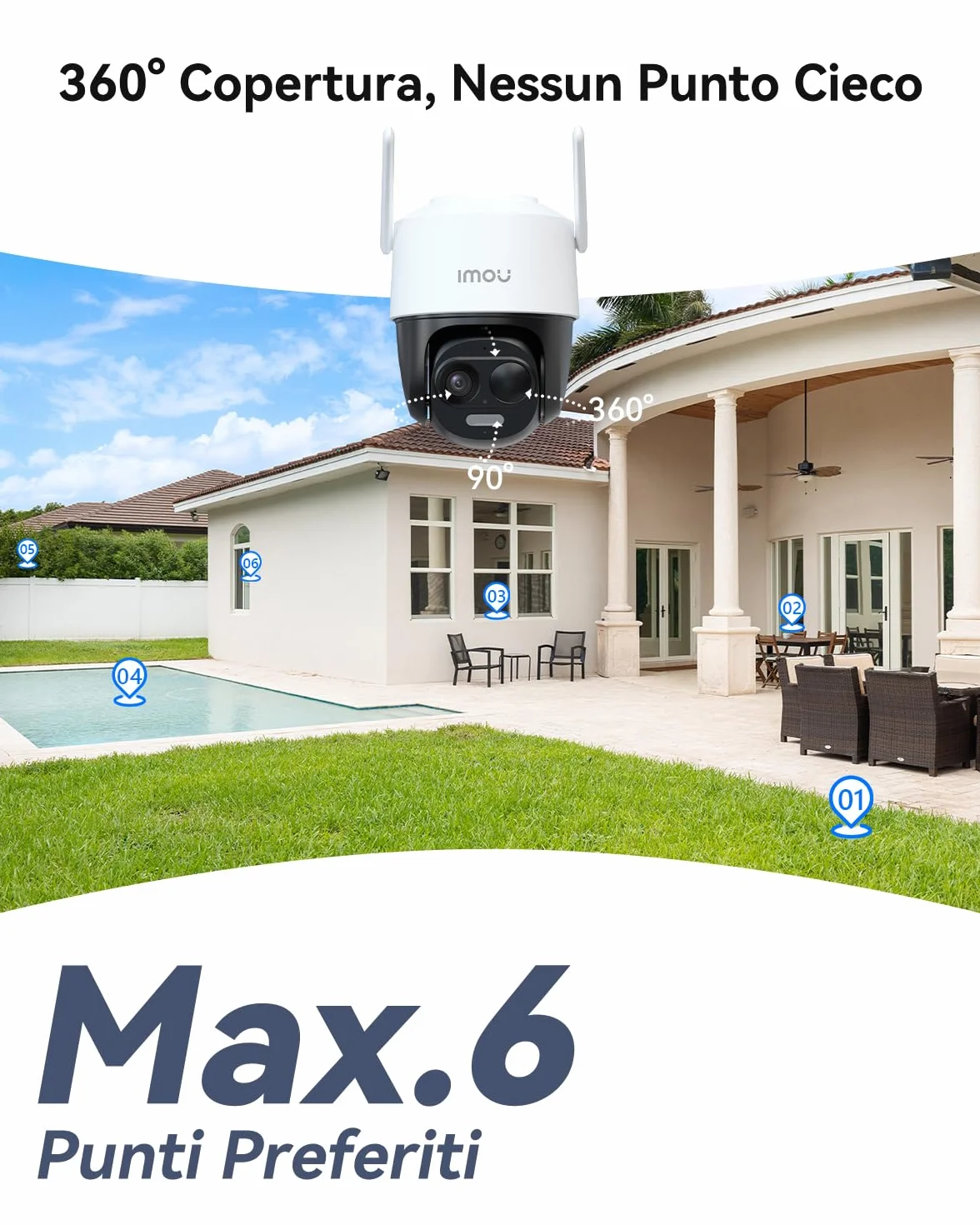 Imou 2K Telecamera da Esterno WiFi Senza Fili Solare con Batteria 5000mAh, 360° PTZ, 2.4GHz, Rilevamento PIR, Visione Notturna a Colori, IP65