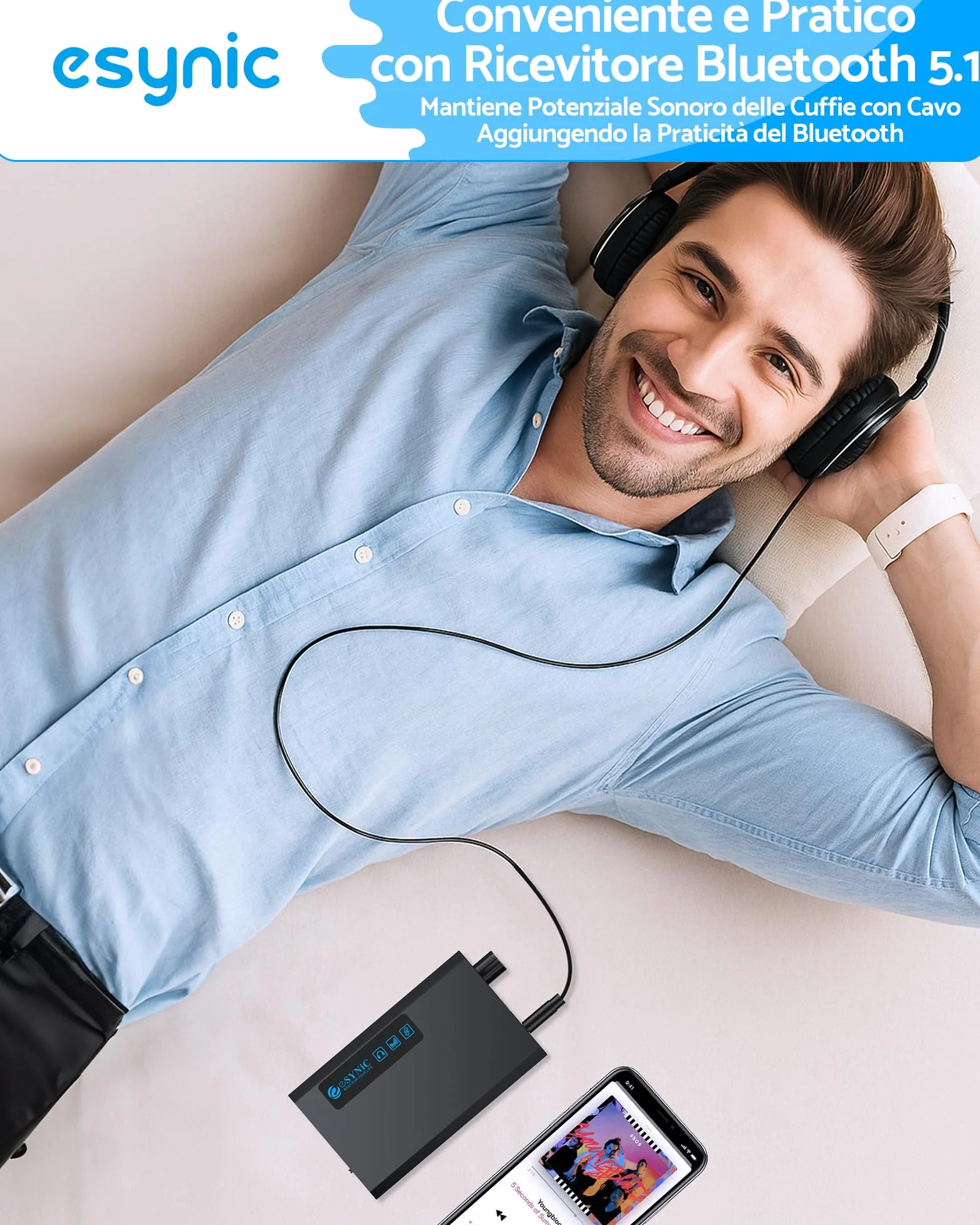 eSynic HiFi Amplificatore per Cuffie con Ricevitore Bluetooth 5.1, Impedenza 16-300Ω, 2 Livelli di Guadagno, Batteria Ricaricabile 1500mAh con Cavo USB-C e Cavo Audio, in Alluminio per MP3 Smartphone