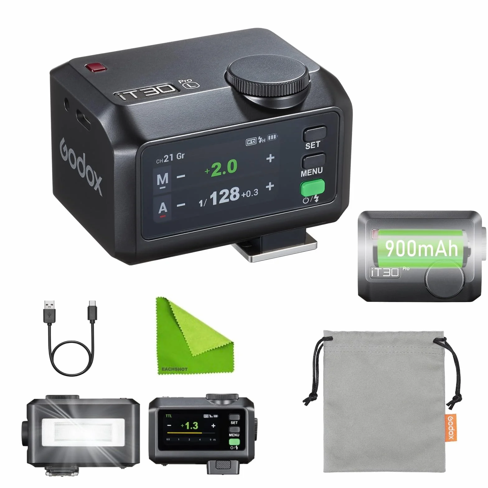 Godox iT30 Pro Flash Mini TTL per Fotocamere Leica, Wireless 2.4G HSS 1/8000s Touchscreen, Ricaricabile Nero