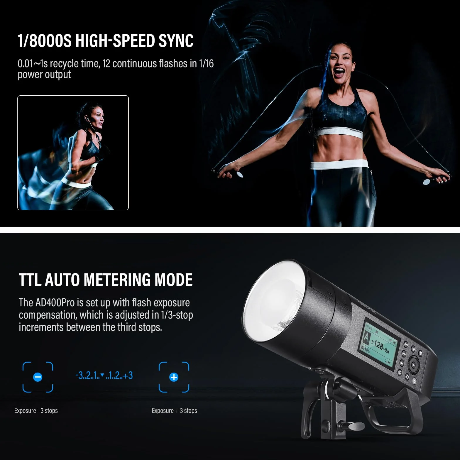 Godox AD400Pro 400W GN72 TTL 1/8000s HSS 2.4G X Sistema All-in-One Flash Speedlite Strobe Light, funzionamento a batteria, 390 Full Power Pops, Tempo di riciclaggio 0,01-1s